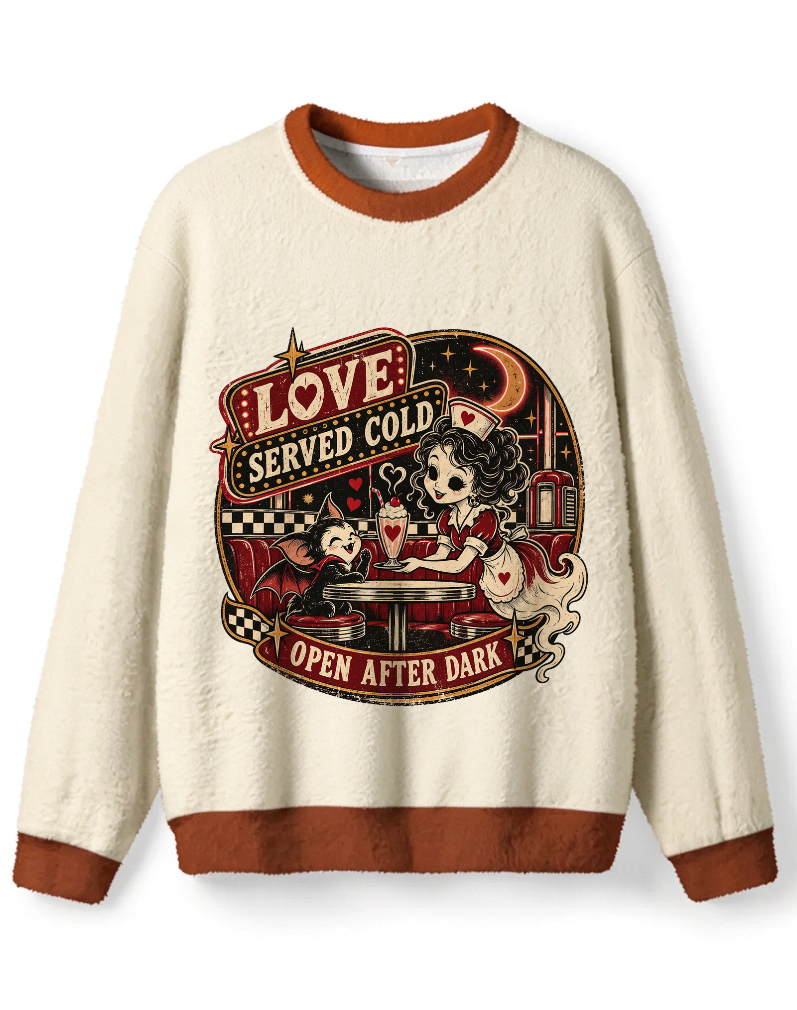Retro Gothic Diner Girl Halloween Sweater, Love Served Cold Bat Kitten Graphic Knit Top