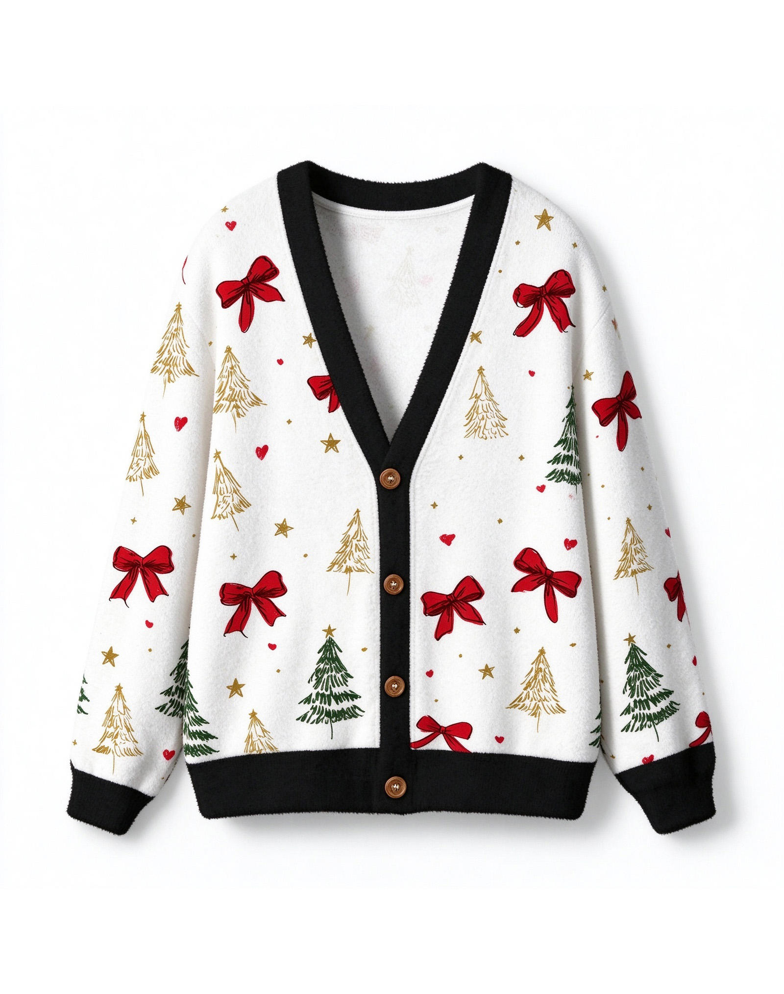 Christmas Bow Tree Fleece Cardigan, Red Ribbon Gold Green Xmas V-Neck Button Sweater