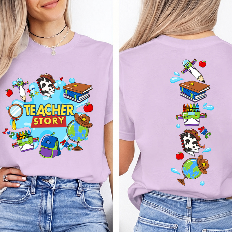 Teacher Story Cute School Stuff Icons Teacher Two Sided T-Shirt image 10