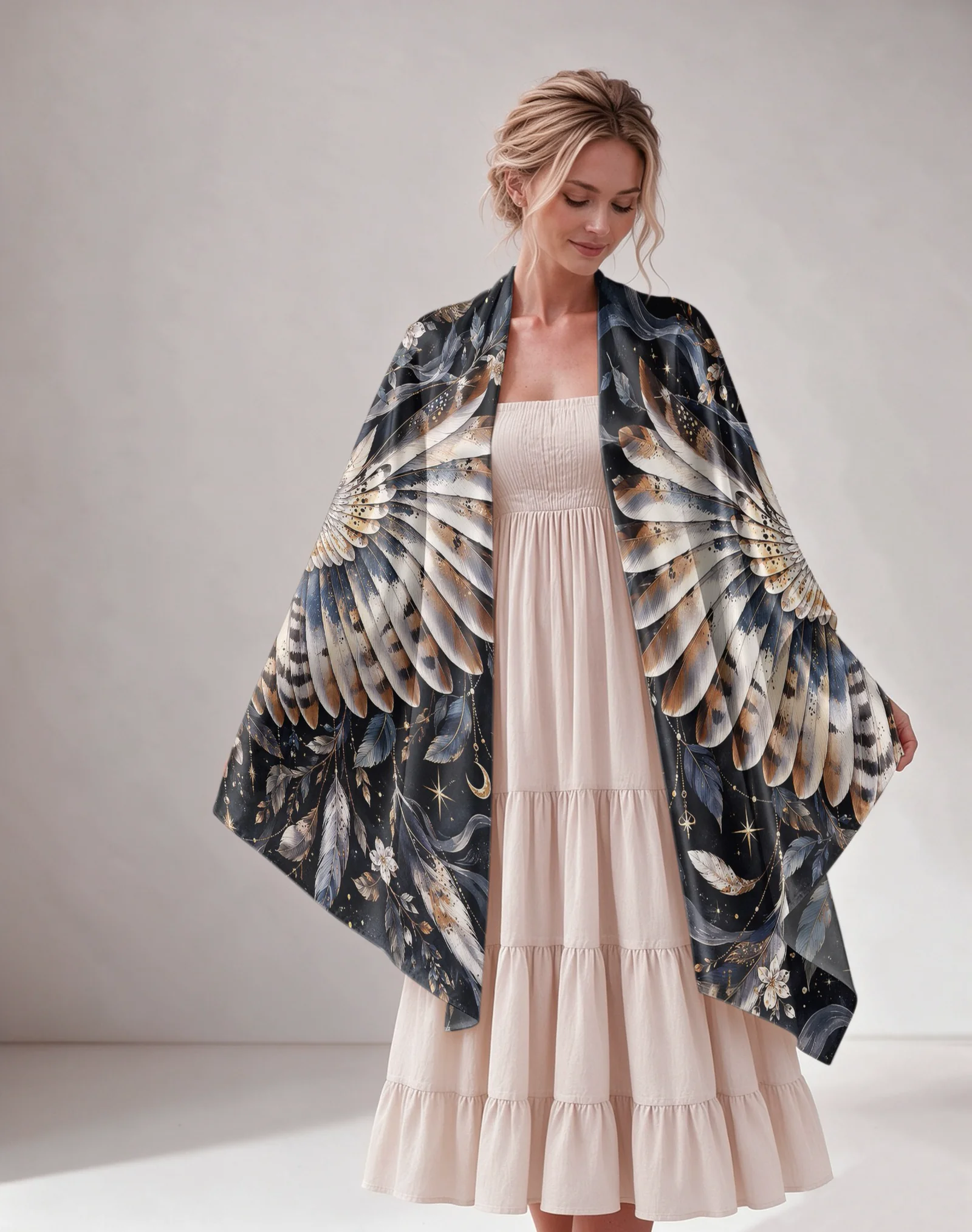 Celestial Owl Moon Star Satin Poncho Shawl