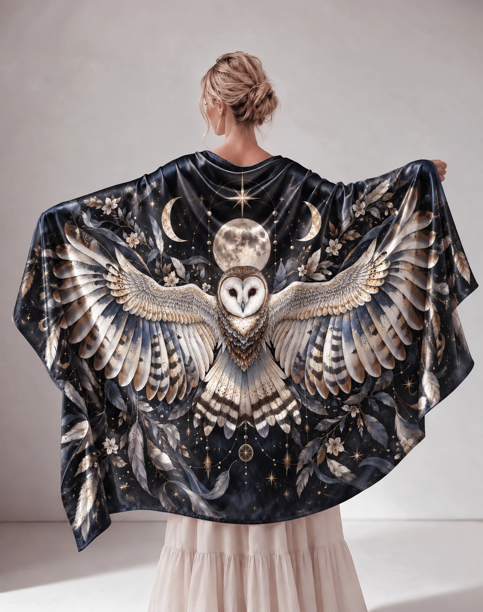 Celestial Owl Moon Star Satin Poncho Shawl
