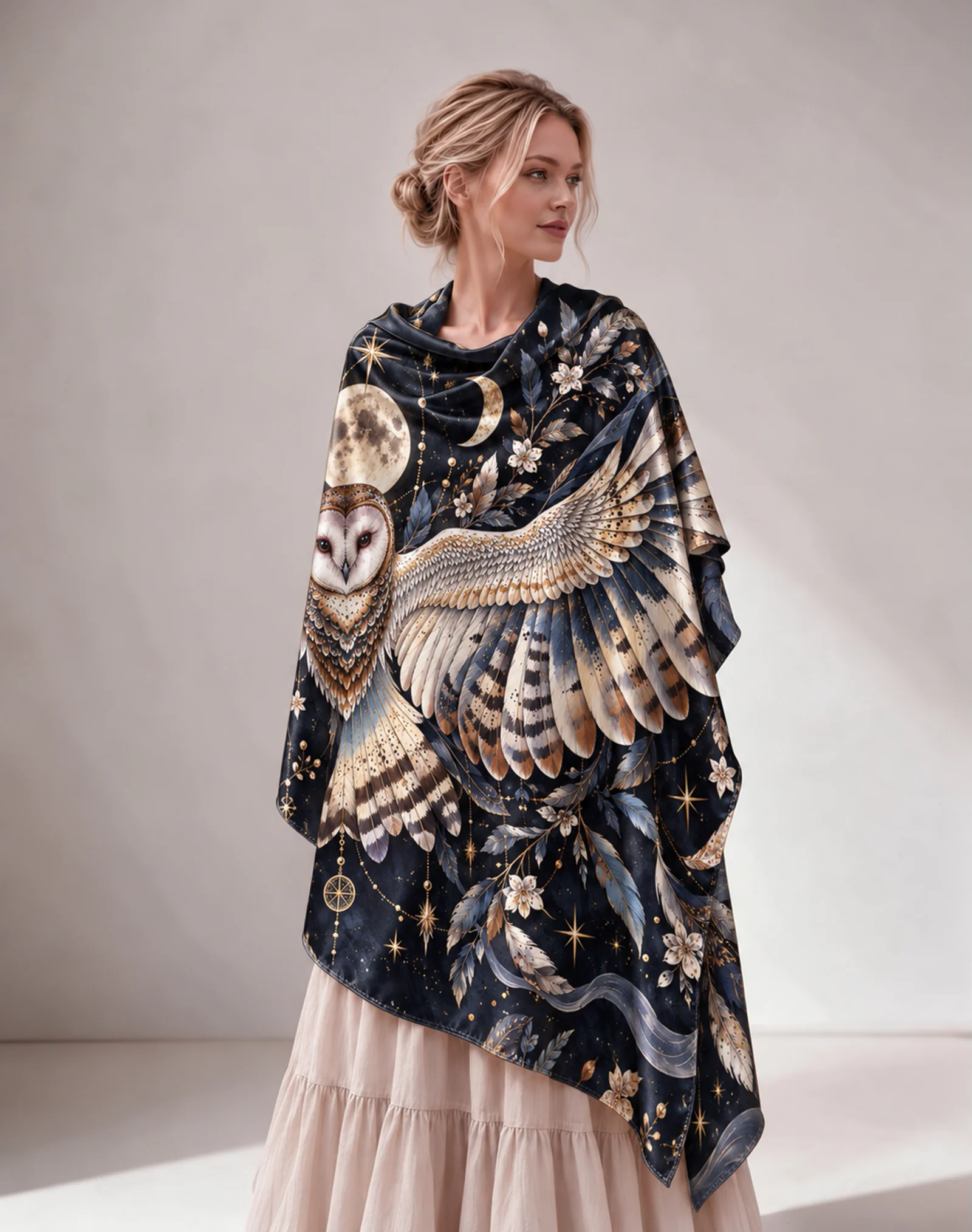 Celestial Owl Moon Star Satin Poncho Shawl
