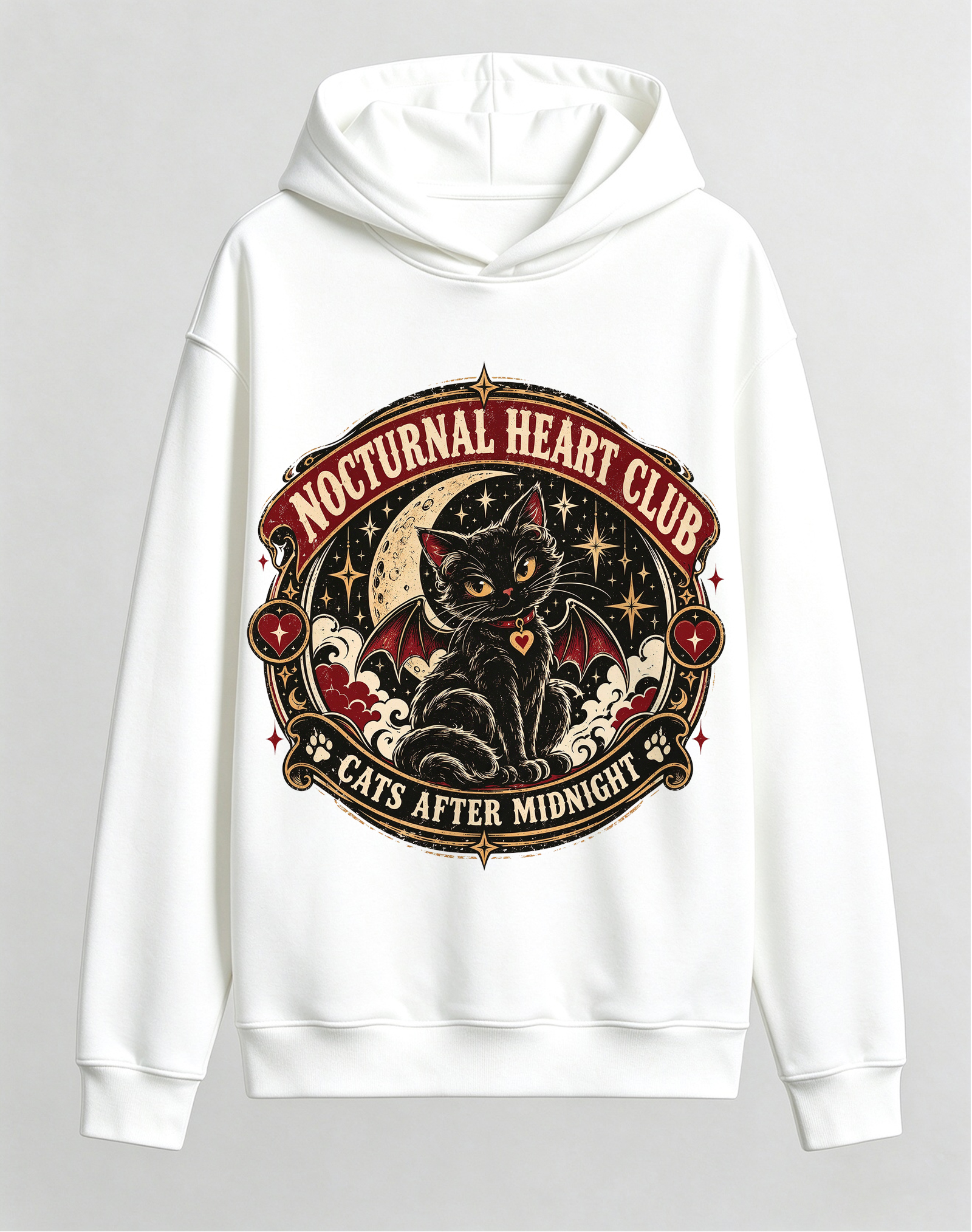 Retro Gothic Demon Cat Halloween Hoodie, Nocturnal Heart Club Cats After Midnight Front Print Hooded Sweatshirt