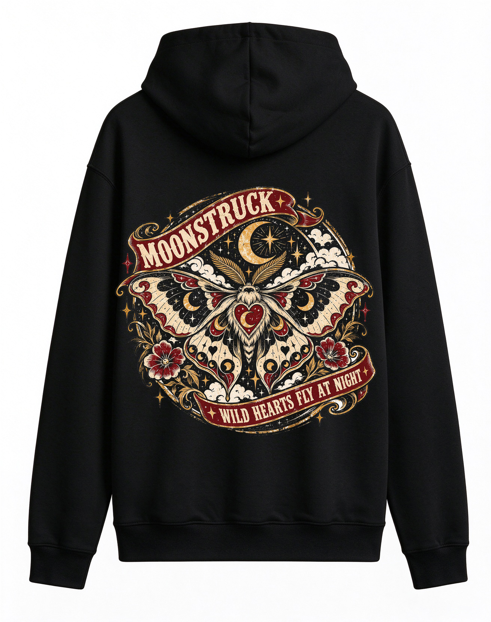 Retro Gothic Moonstruck Moth Hoodie, Wild Hearts Fly At Night Dark Romance Halloween Back Print Hooded Sweatshirt