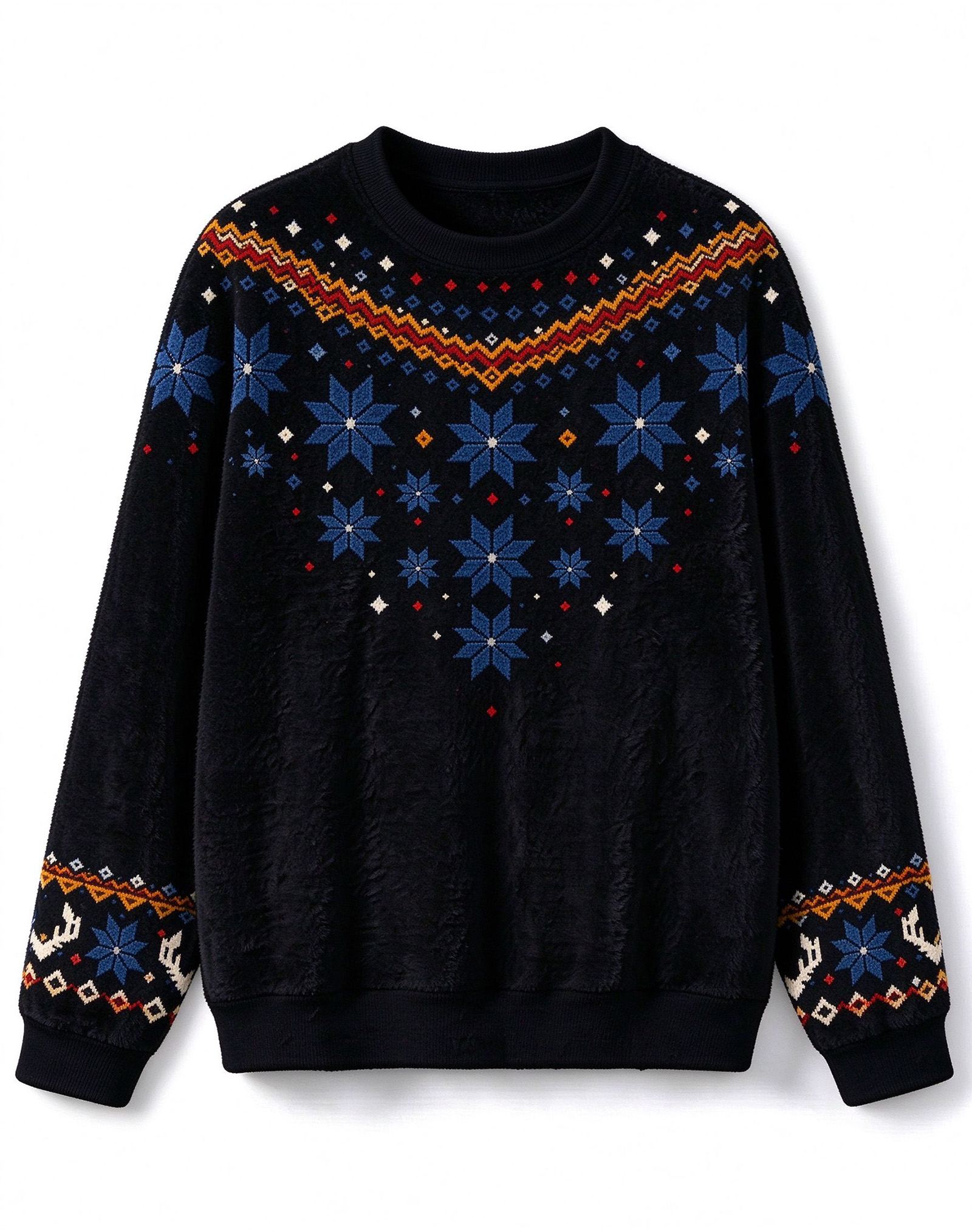 Black Fair Isle Nordic Blue Snowflake Crew Neck Sweate