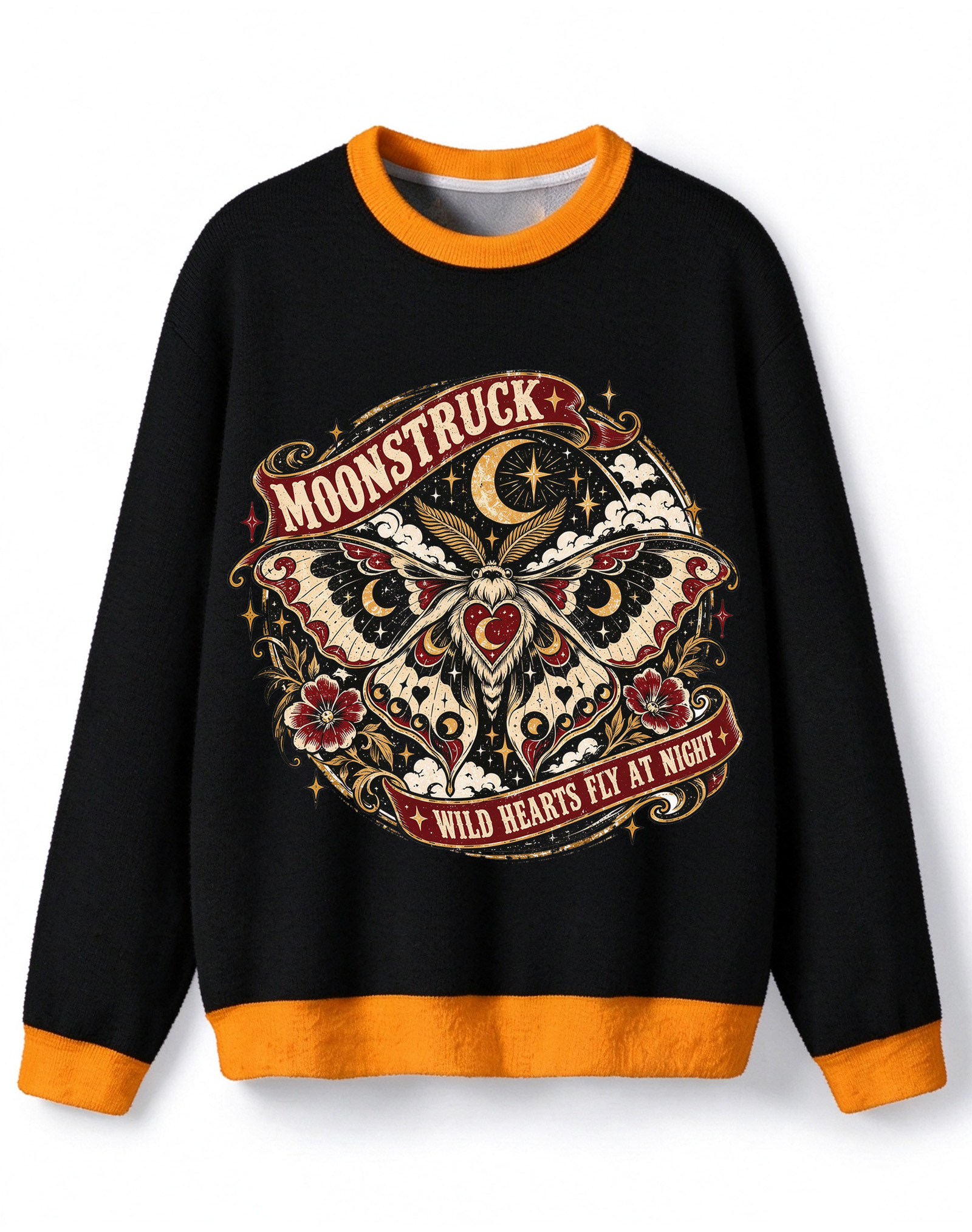 Retro Gothic Moon Moth Halloween Sweater, Moonstruck Wild Hearts Fly At Night Graphic Knit Top