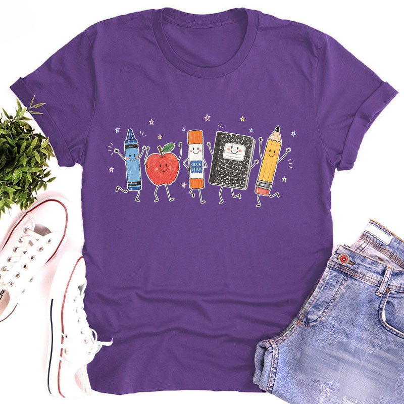 Cute Anthropomorphic School Supplies Teacher T-Shirt image 11
