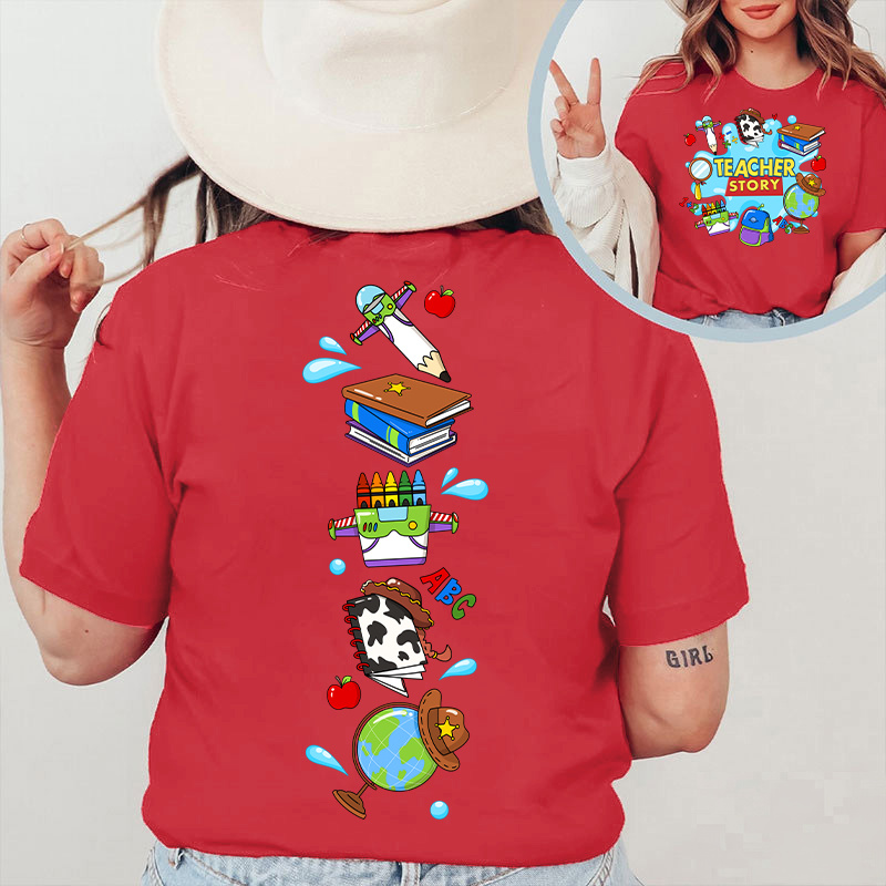Teacher Story Cute School Stuff Icons Teacher Two Sided T-Shirt image 11