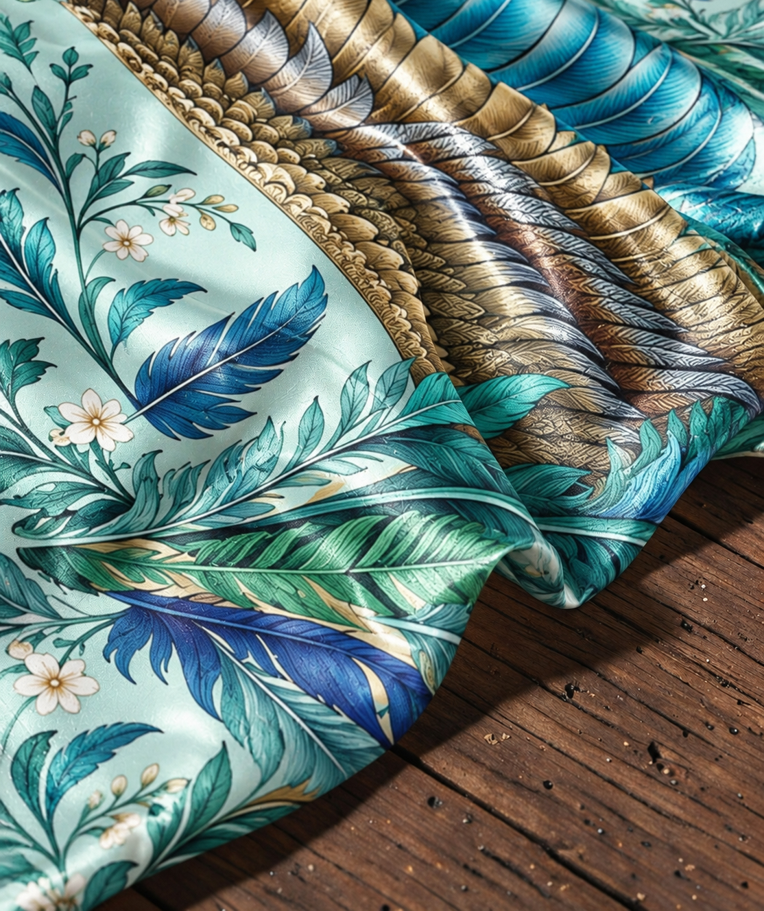 Vibrant Wing Feather Print Satin Shawl