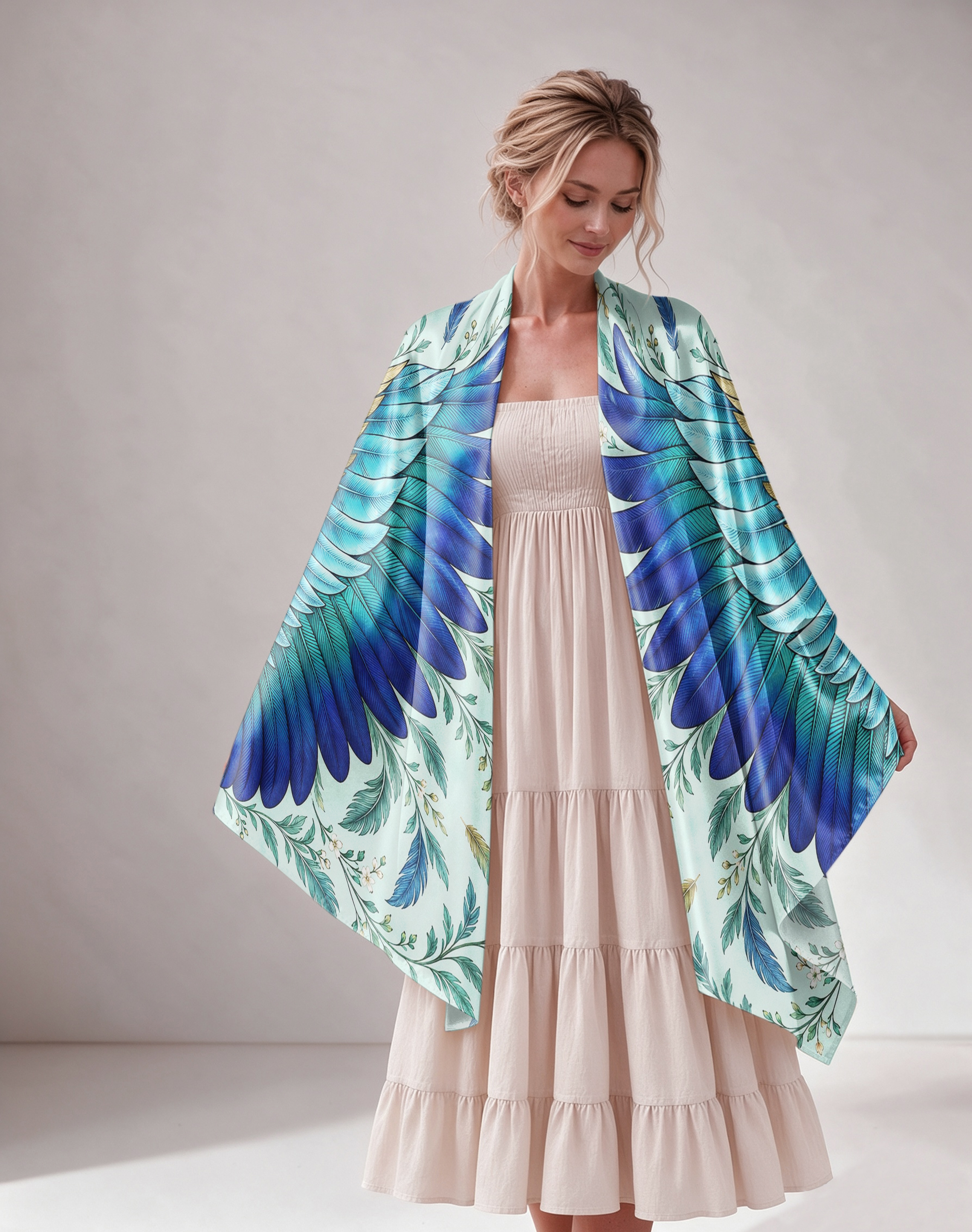 Vibrant Wing Feather Print Satin Shawl