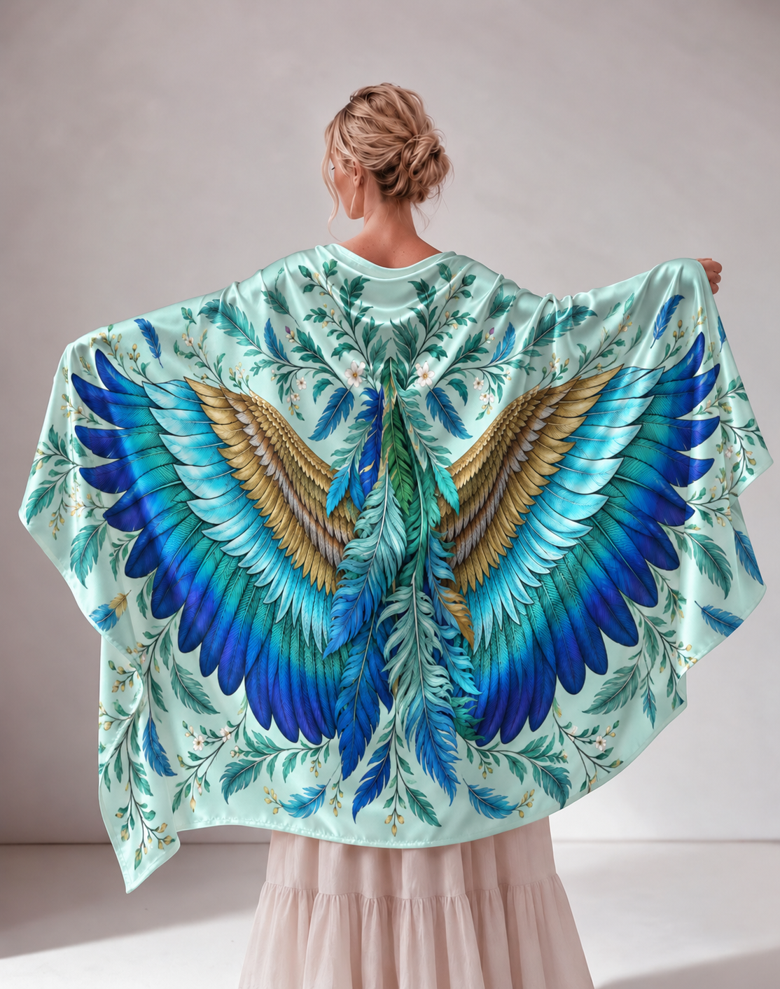 Vibrant Wing Feather Print Satin Shawl