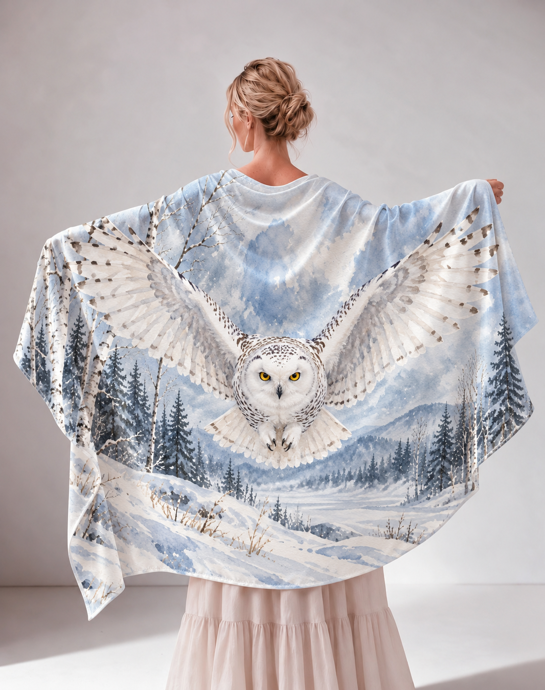 Snowy Owl Winter Forest Print Satin Shawl