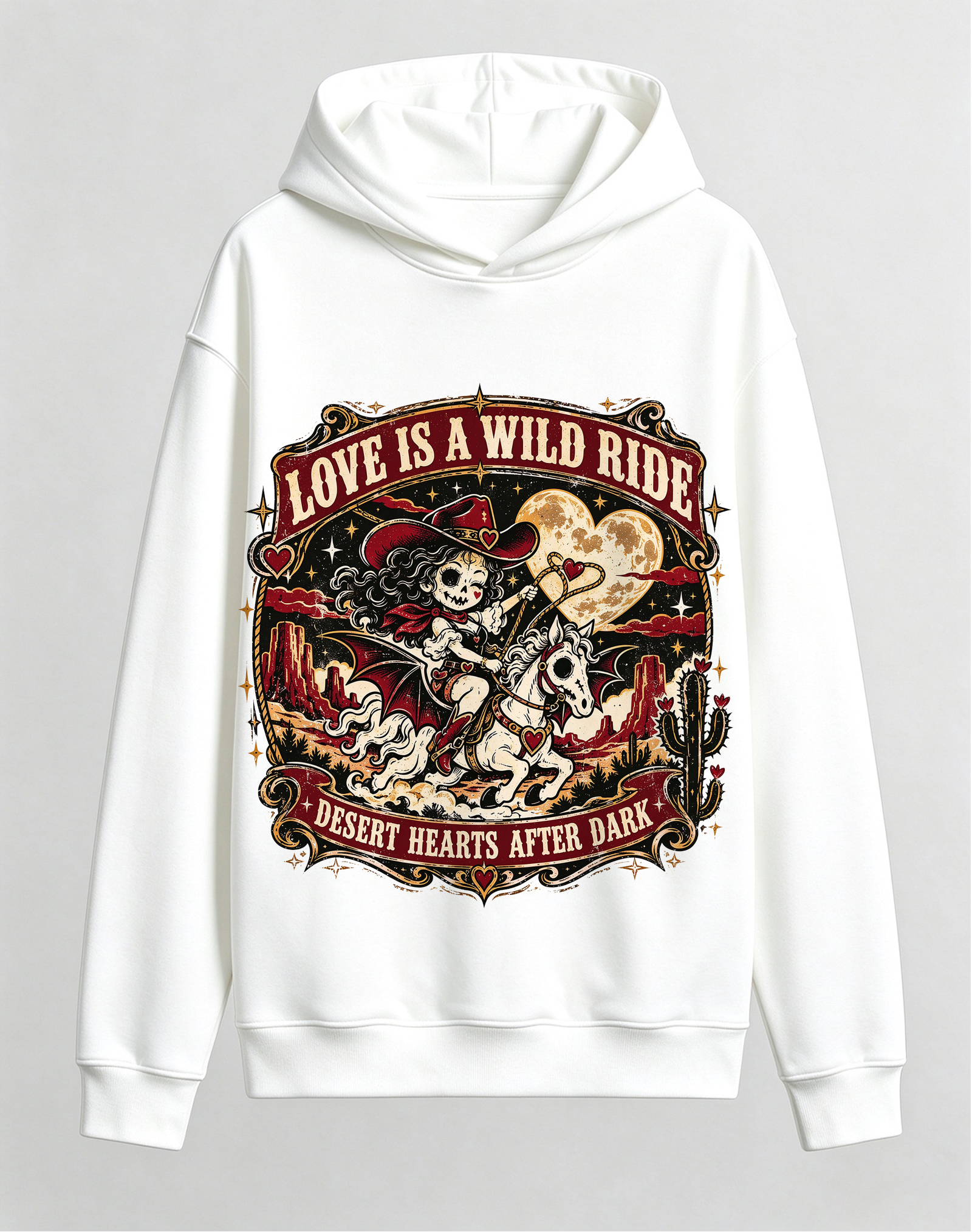 Retro Gothic Western Cowgirl Hoodie, Love Is A Wild Ride Winged Horse Dark Romance Halloween Front Print Hooded Sweatshirt