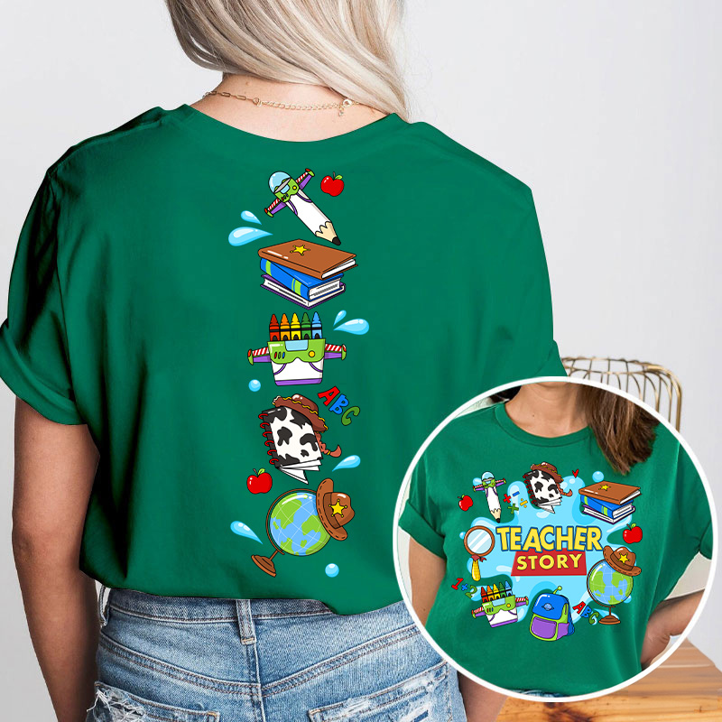 Teacher Story Cute School Stuff Icons Teacher Two Sided T-Shirt image 12