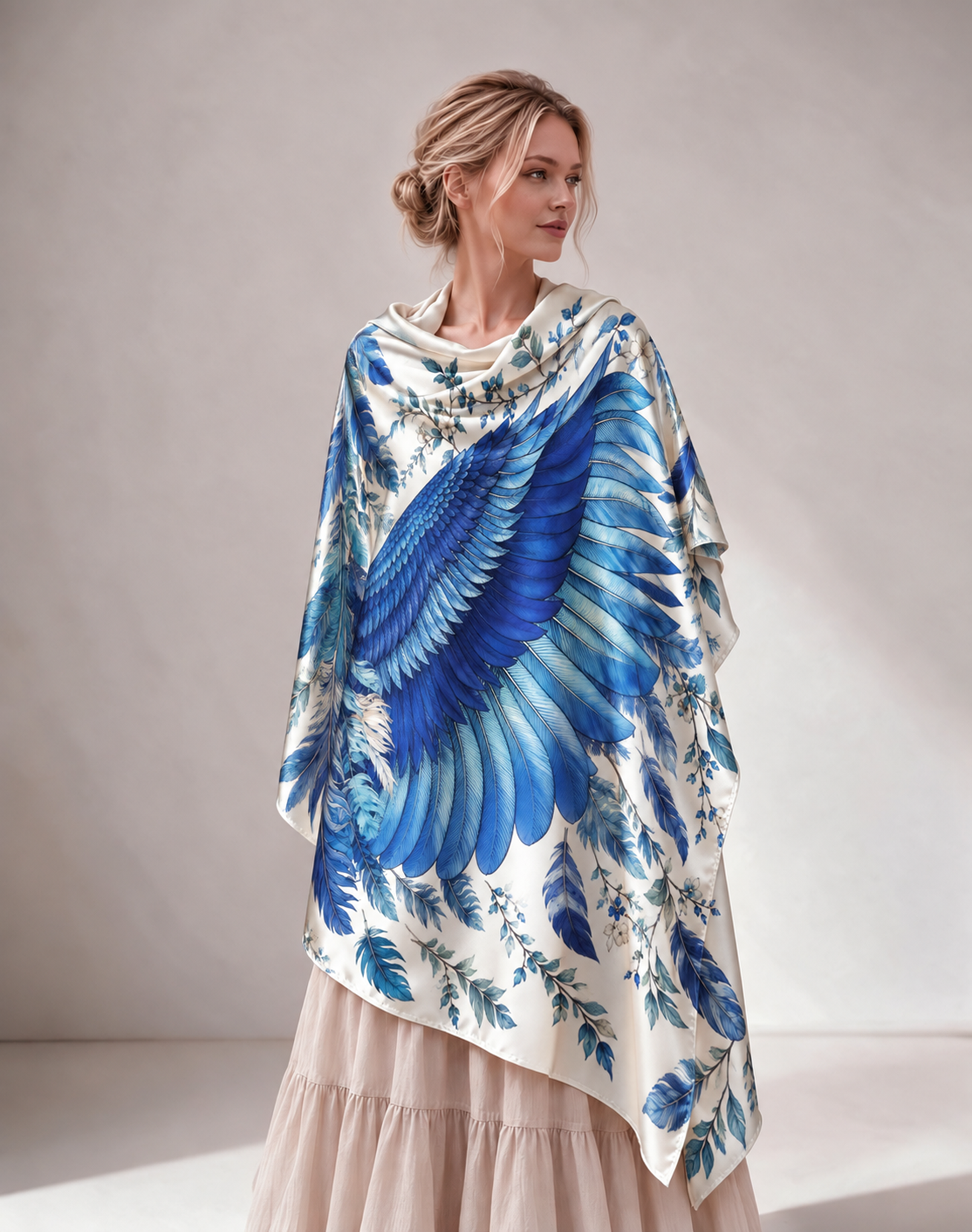 Blue Wing Floral Satin Poncho Shawl