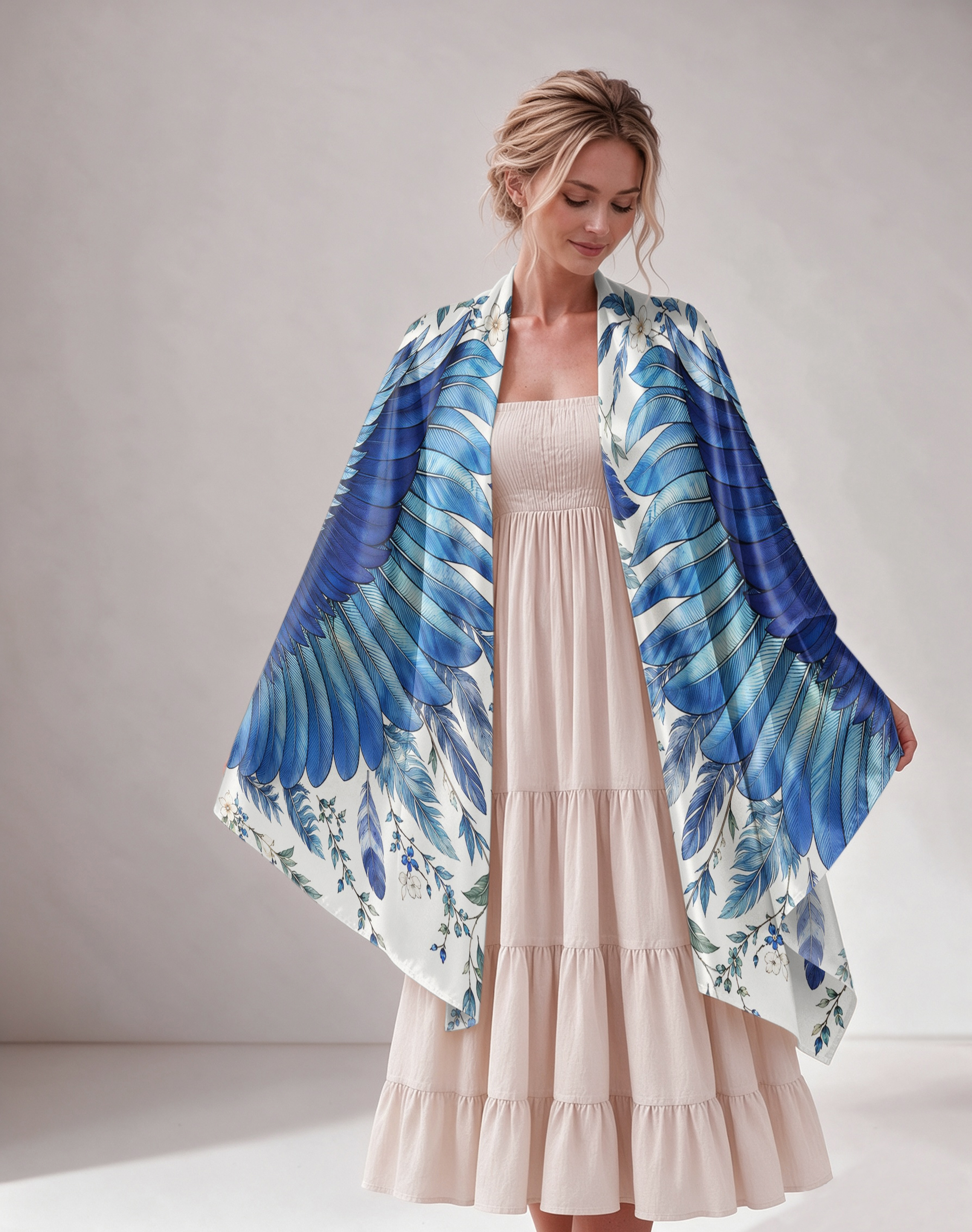 Blue Wing Floral Satin Poncho Shawl