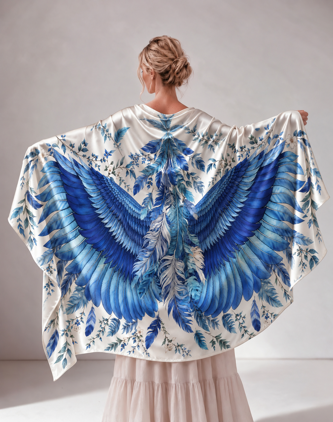 Blue Wing Floral Satin Poncho Shawl