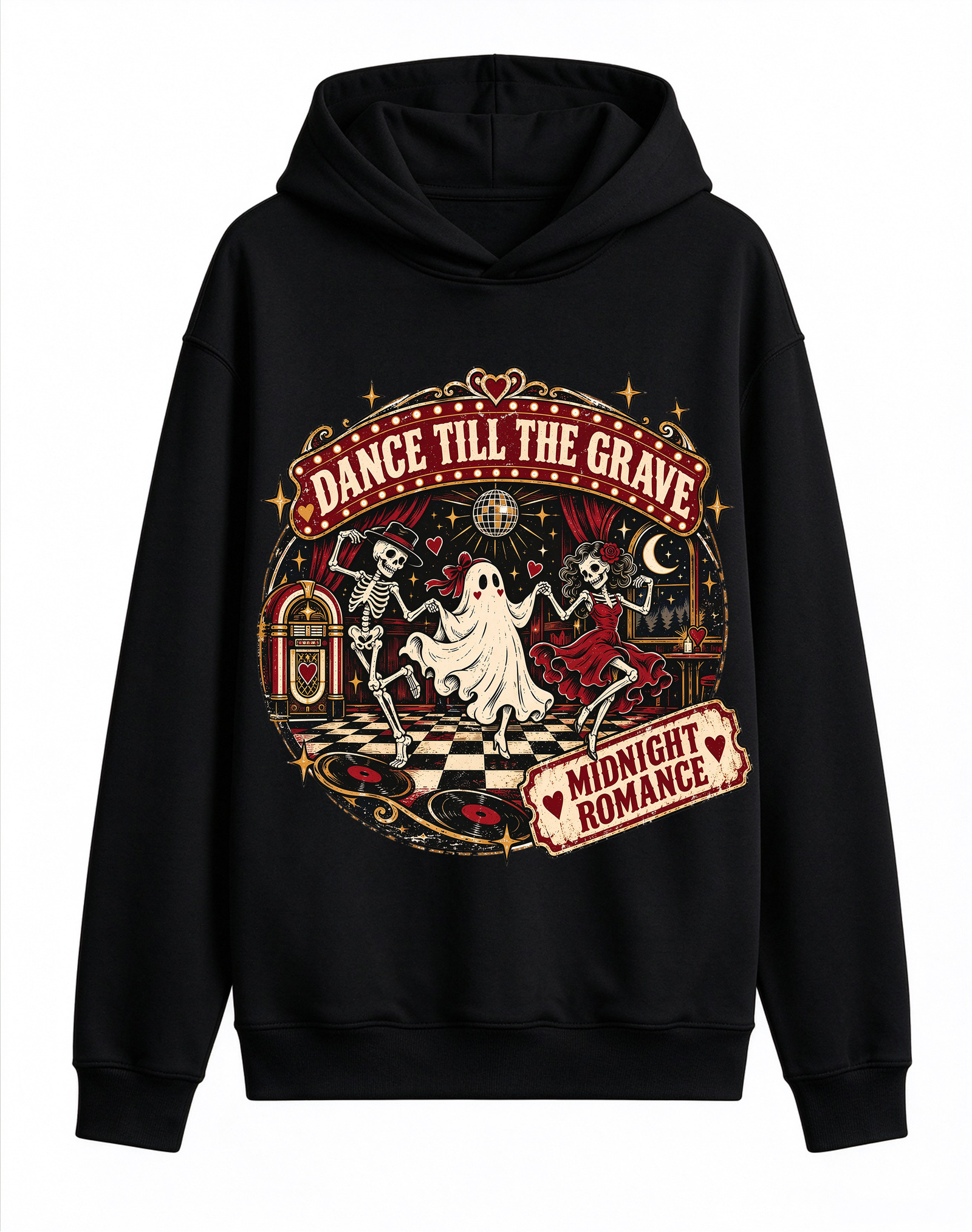 Retro Gothic Dance Till The Grave Hoodie, Midnight Romance Disco Party Dark Romance Halloween Front Print Hooded Sweatshirt