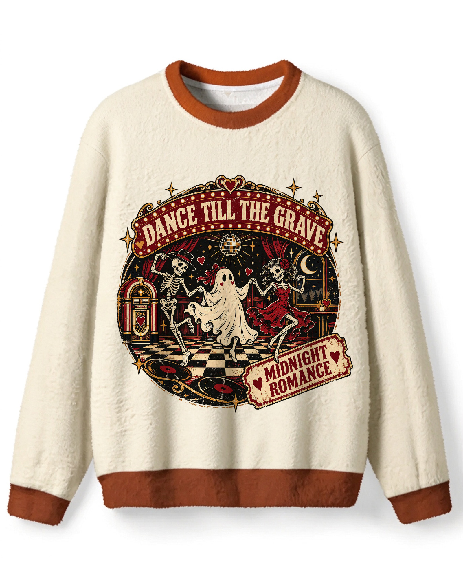Retro Gothic Disco Dancers Halloween Sweater, Dance Till The Grave Midnight Romance Graphic Knit Top