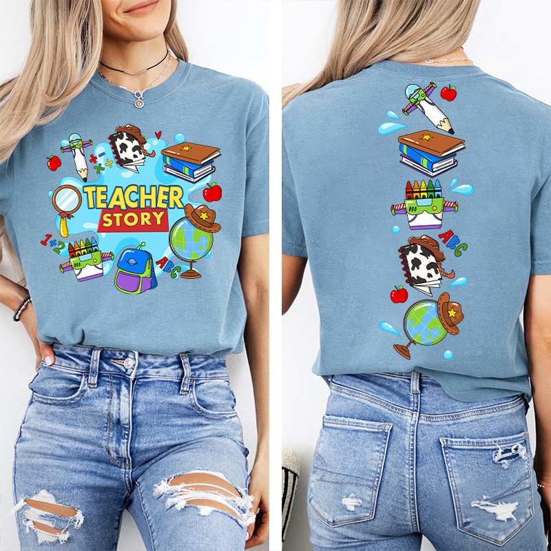 Teacher Story Cute School Stuff Icons Teacher Two Sided T-Shirt image 13