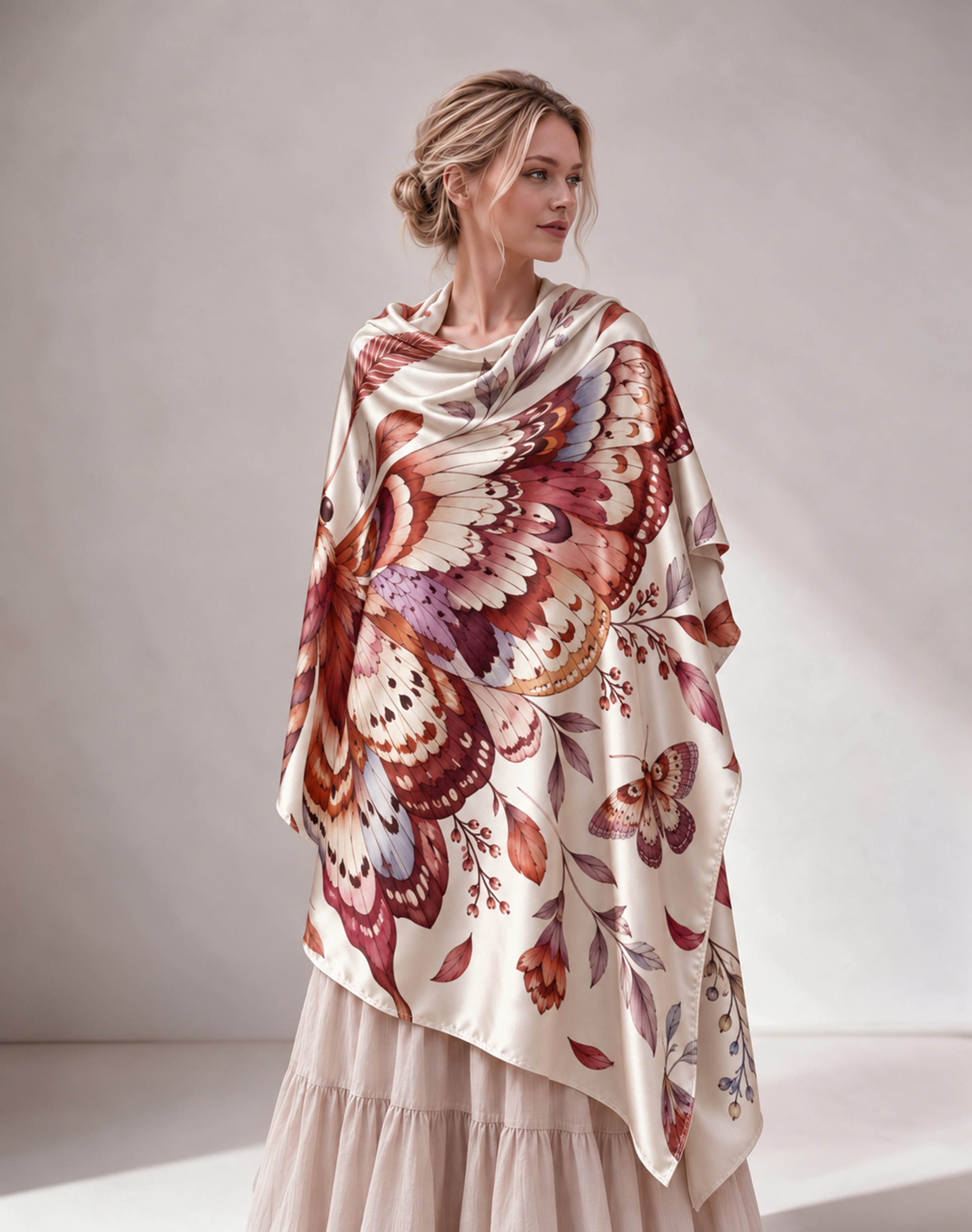 Butterfly Floral Print Satin Shawl Cape