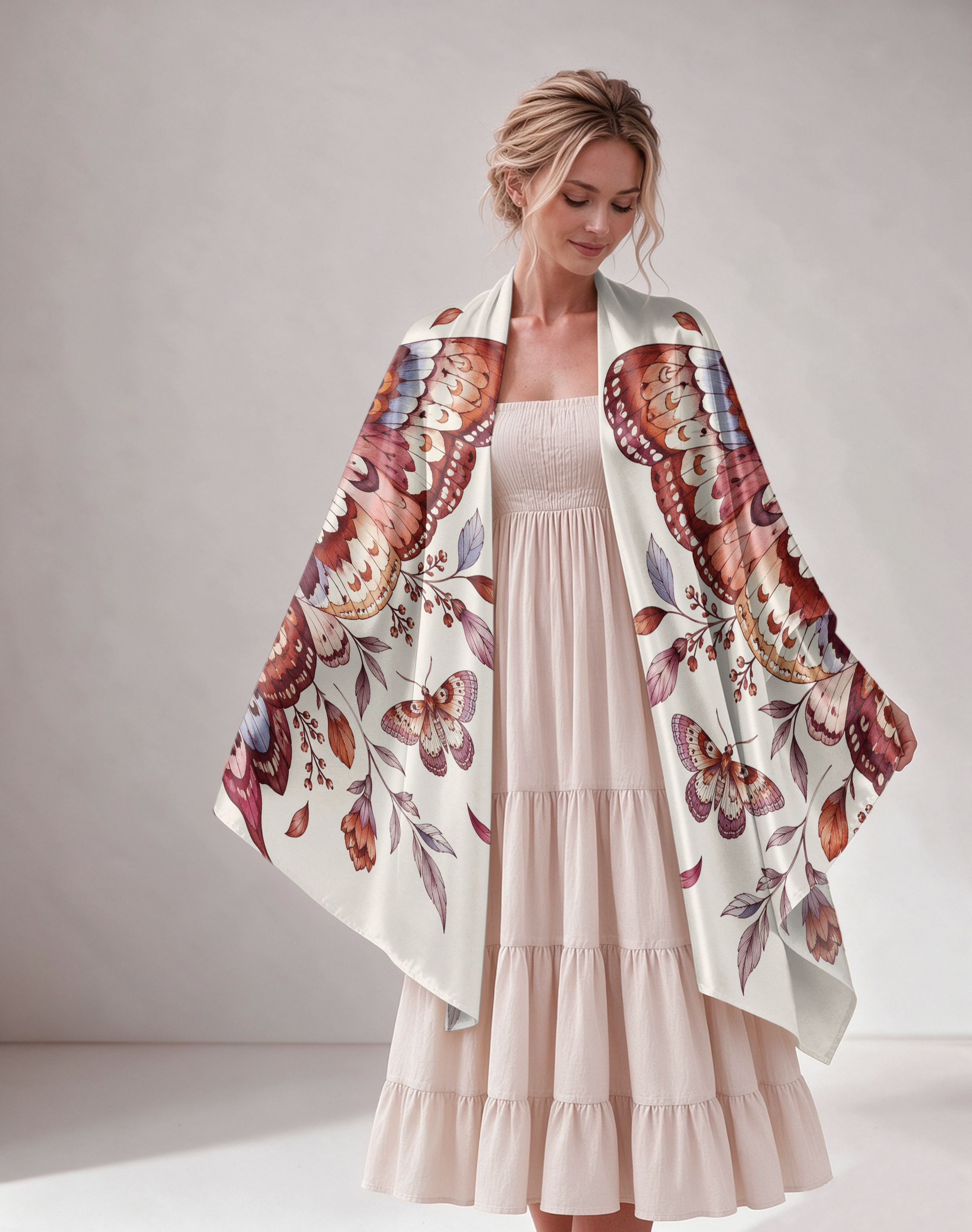 Butterfly Floral Print Satin Shawl Cape