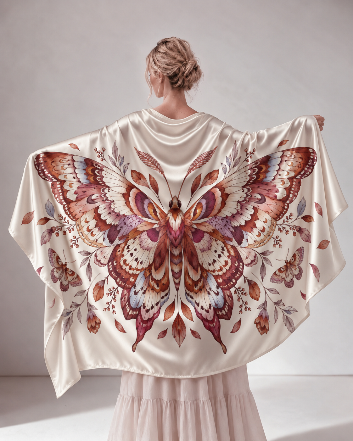 Butterfly Floral Print Satin Shawl Cape
