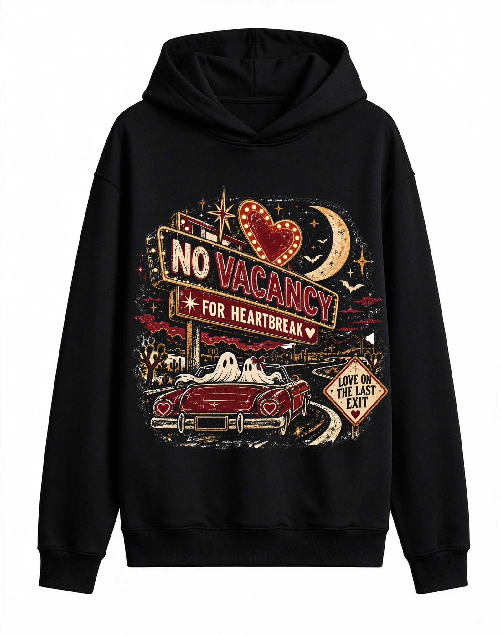 Retro Gothic No Vacancy Road Trip Hoodie, Ghost Couple Vintage Red Car Dark Romance Halloween Front Print Hooded Sweatshirt