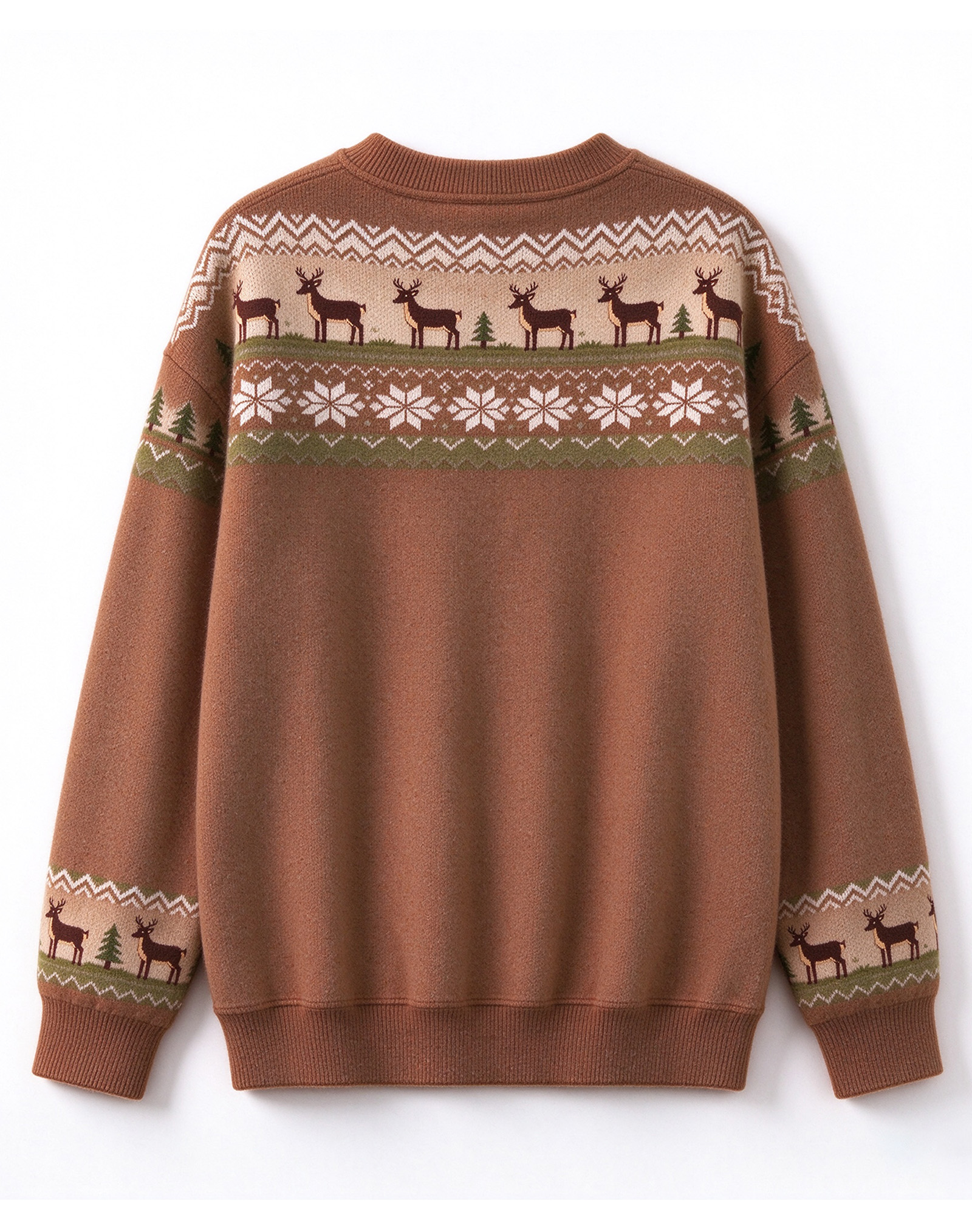 Caramel Brown Fair Isle Reindeer Crew Neck Knit Sweater, Vintage Nordic Casual Winter Sweater