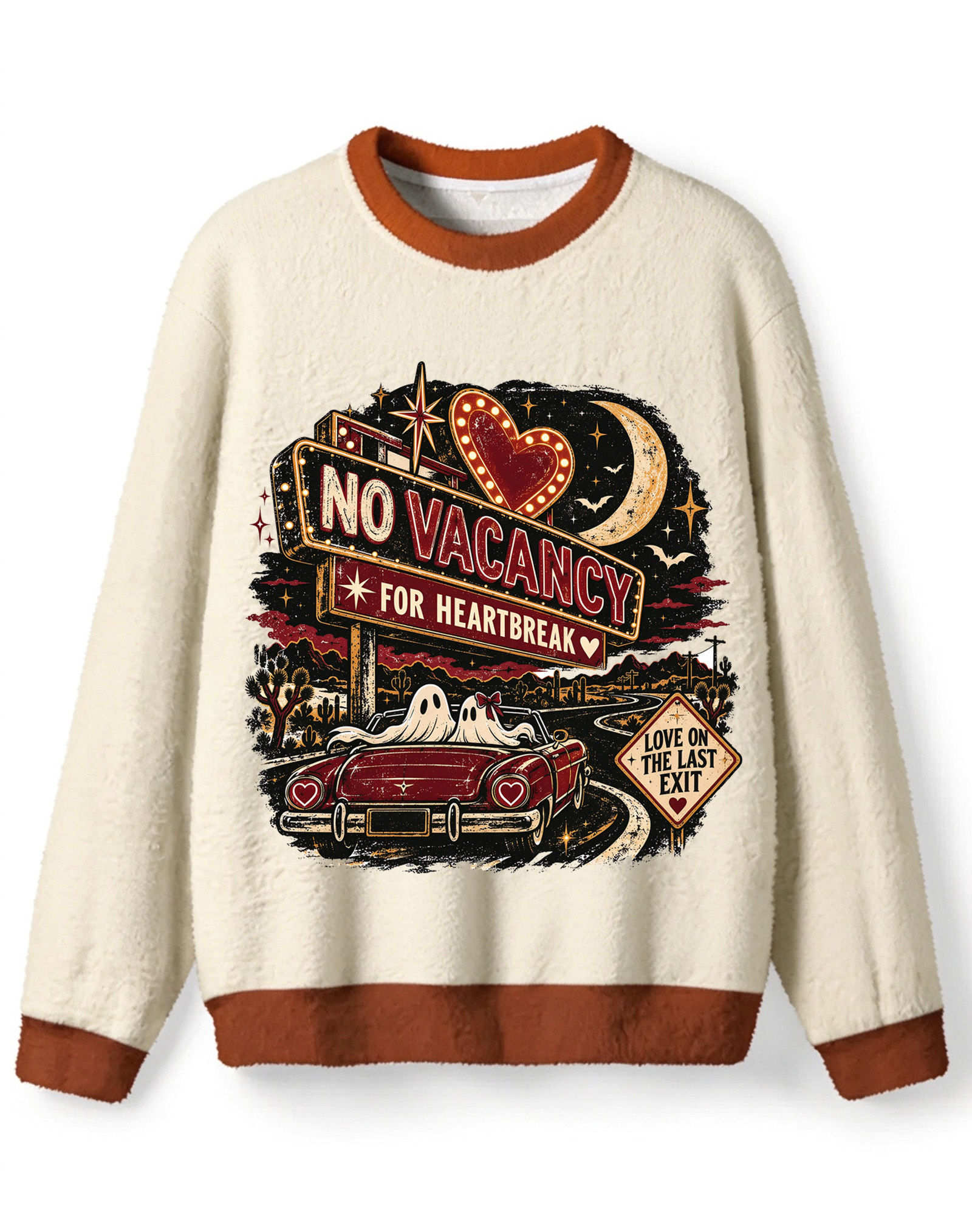 Retro Gothic Road Trip Ghost Halloween Sweater, No Vacancy For Heartbreak Vintage Car Graphic Knit Top