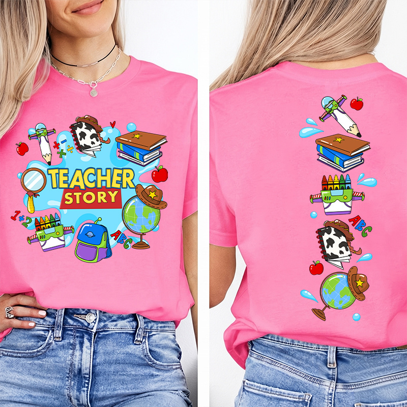 Teacher Story Cute School Stuff Icons Teacher Two Sided T-Shirt image 14