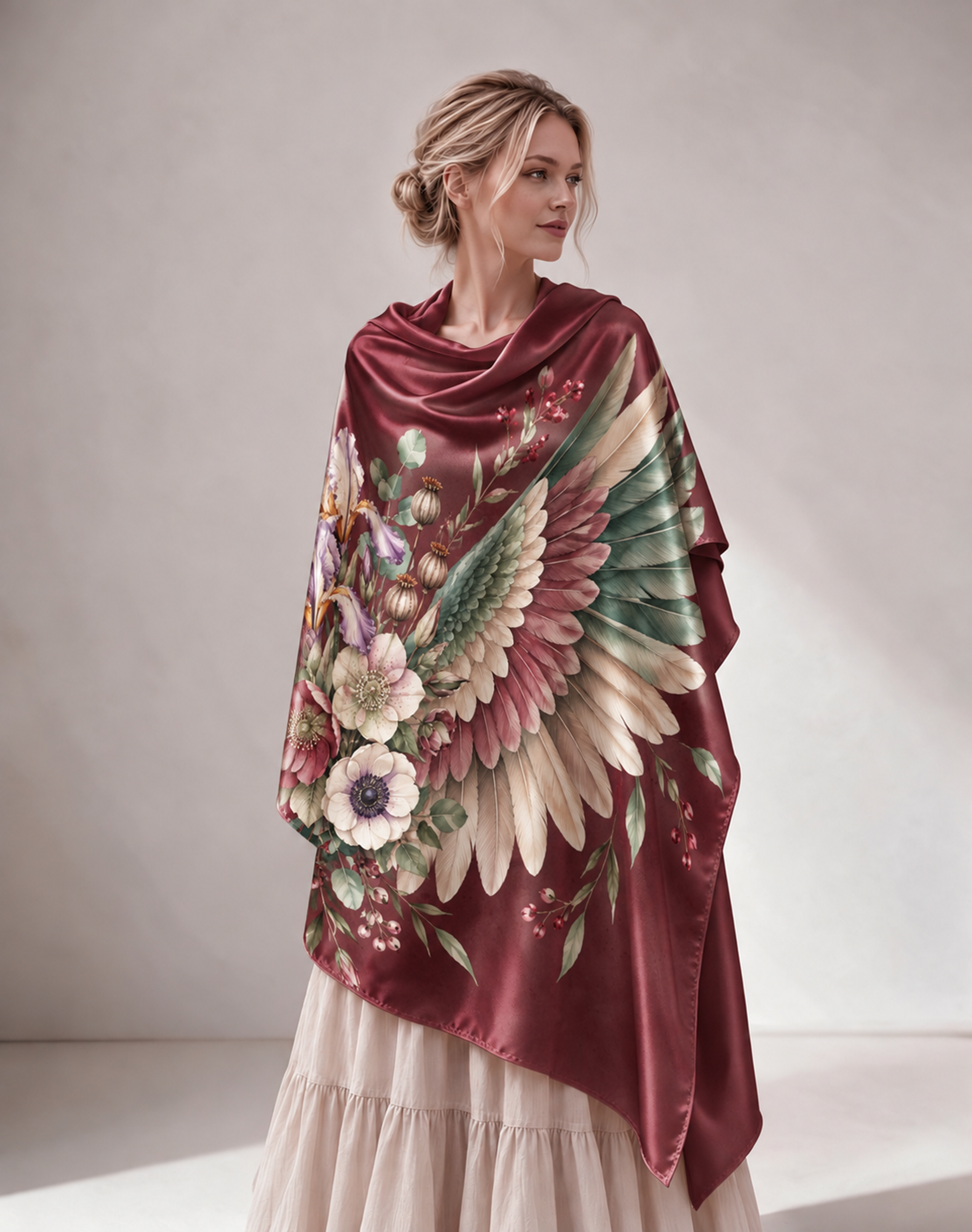 Burgundy Floral Wing Pattern Satin Shawl