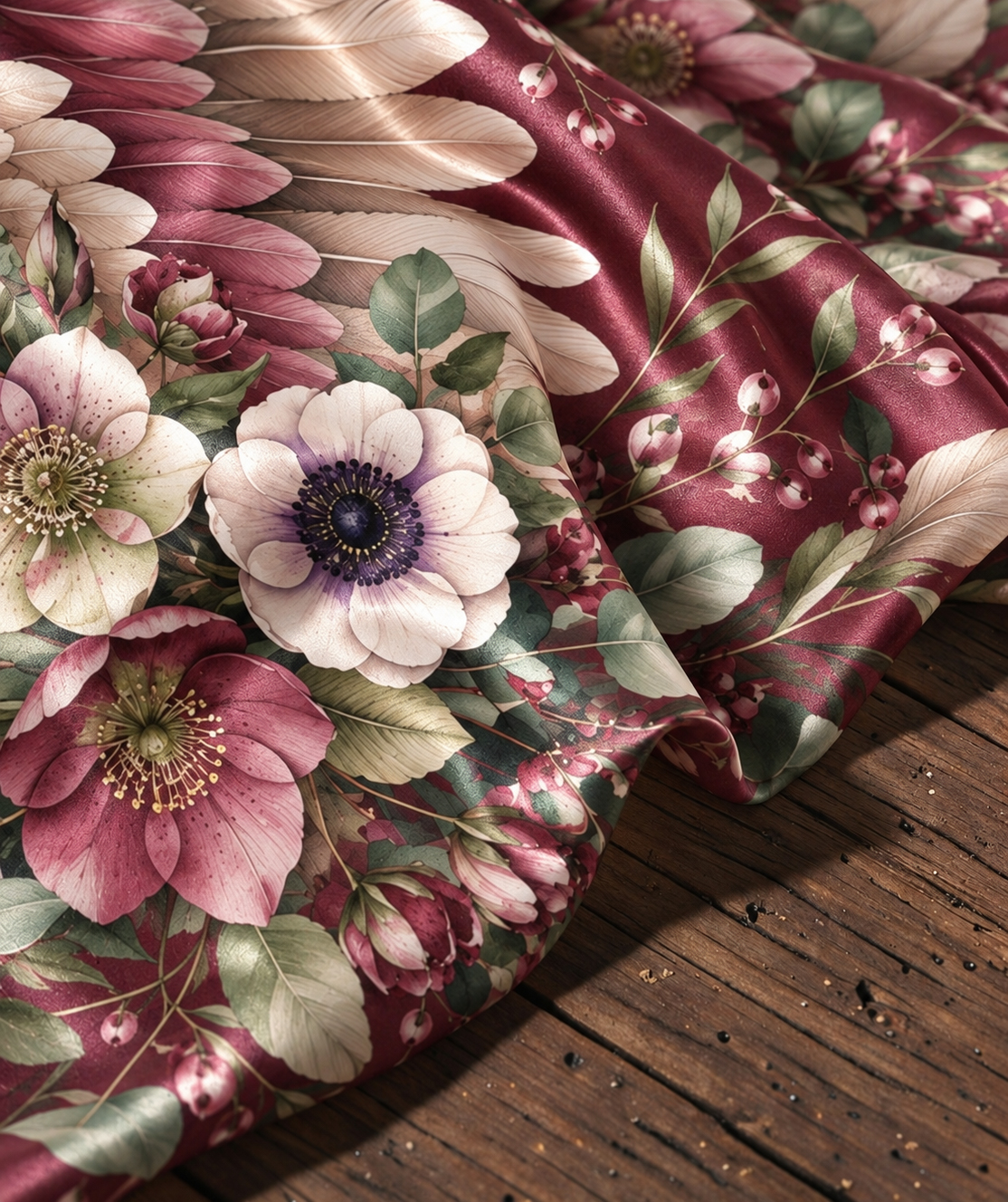 Burgundy Floral Wing Pattern Satin Shawl