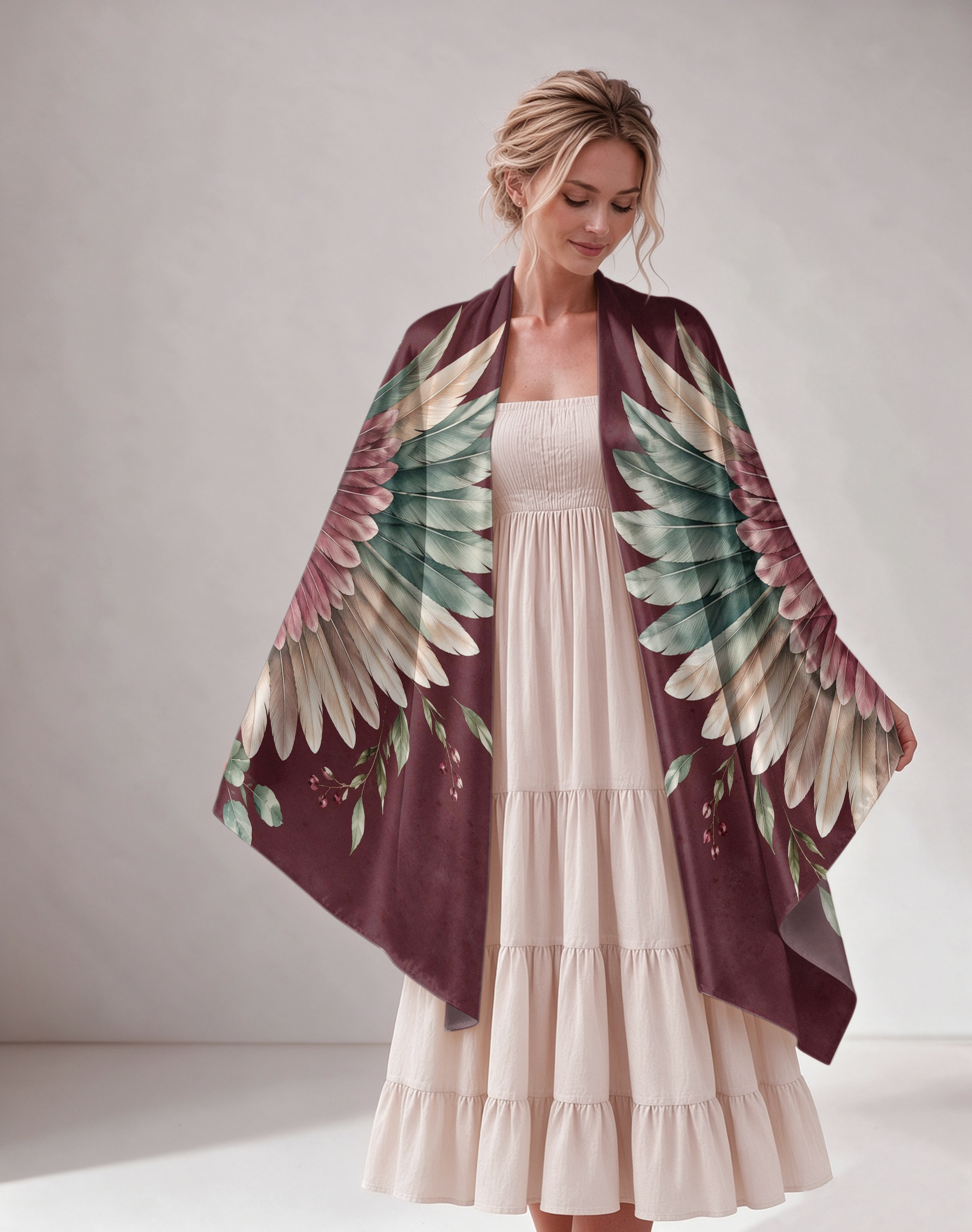 Burgundy Floral Wing Pattern Satin Shawl