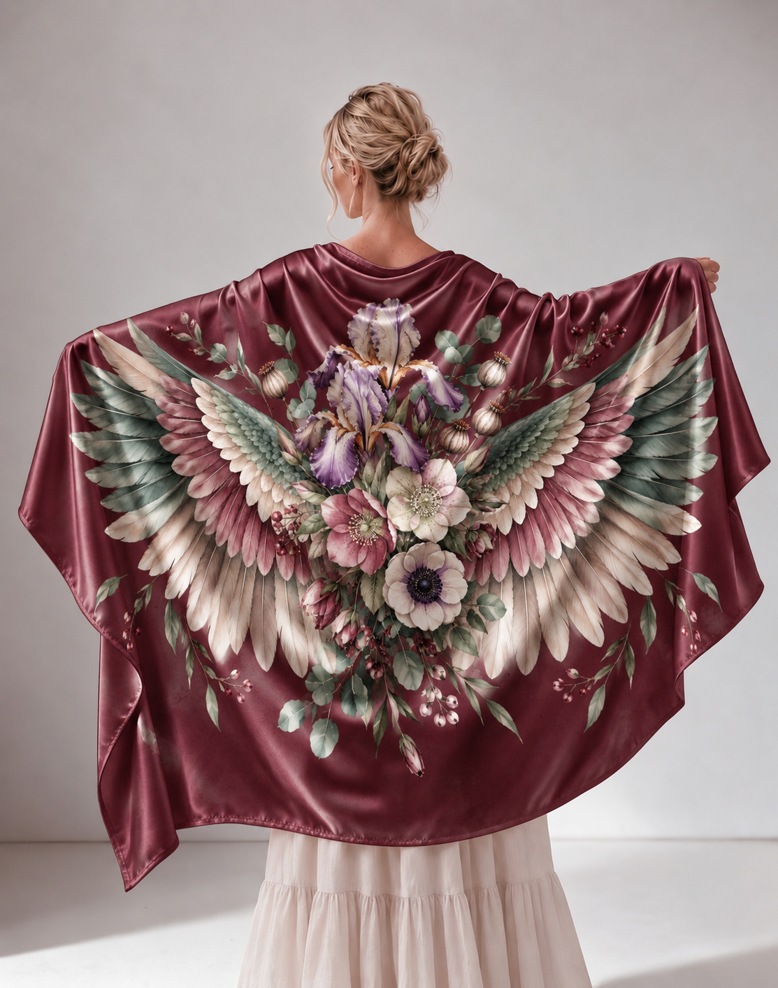 Burgundy Floral Wing Pattern Satin Shawl