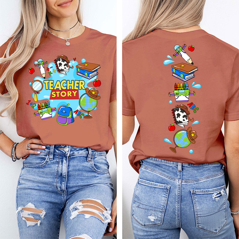 Teacher Story Cute School Stuff Icons Teacher Two Sided T-Shirt image 15