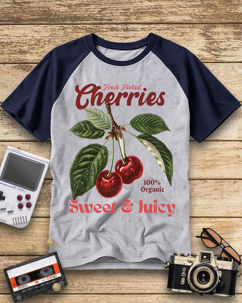 Retro Organic Cherry Botanical Print Raglan Tee