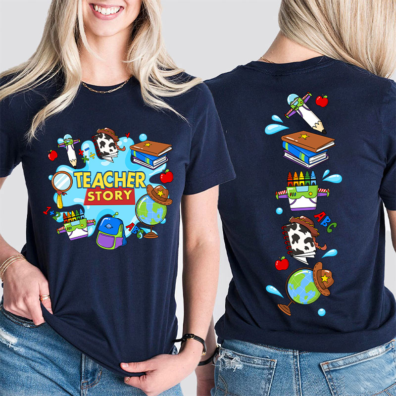 Teacher Story Cute School Stuff Icons Teacher Two Sided T-Shirt image 16