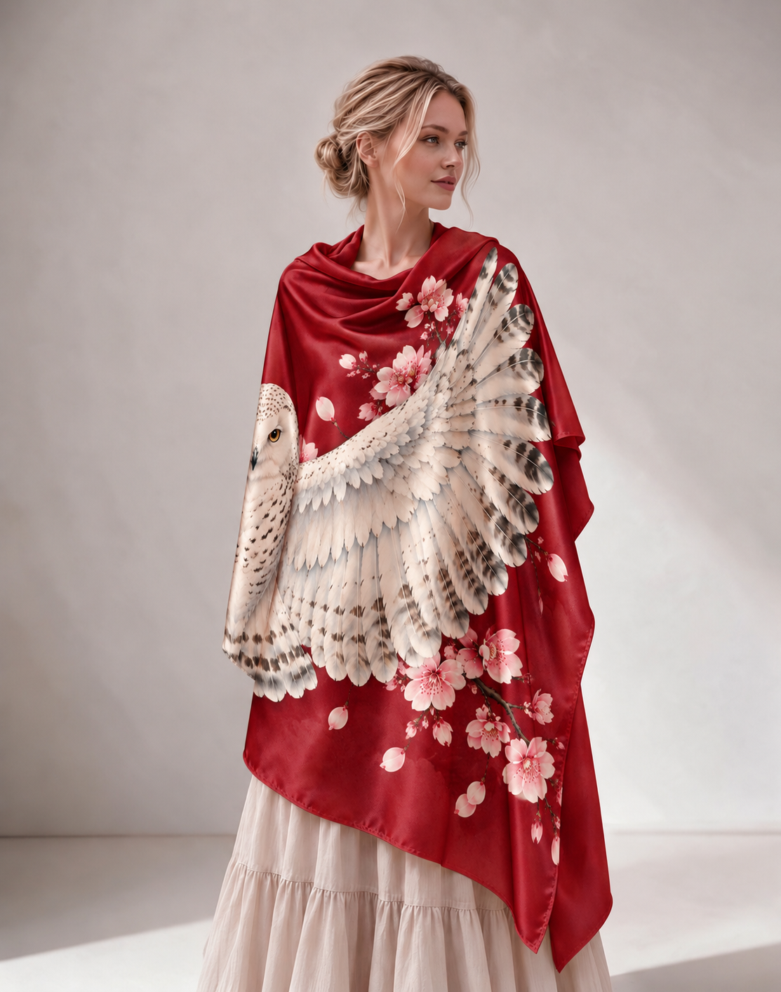 Owl Cherry Blossom Print Satin Shawl Cape
