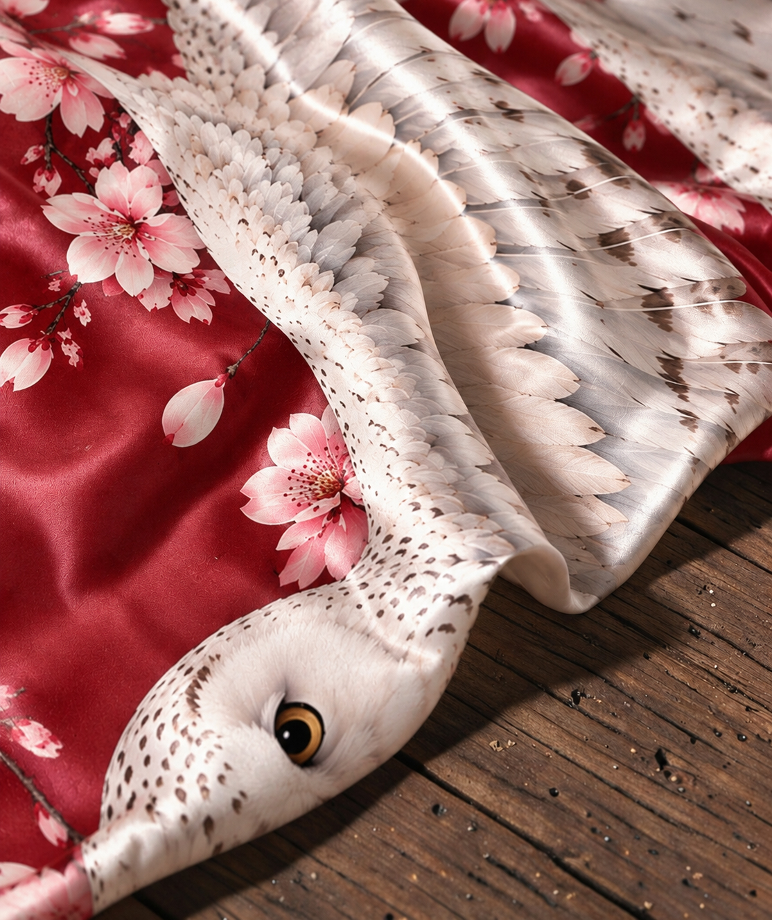 Owl Cherry Blossom Print Satin Shawl Cape