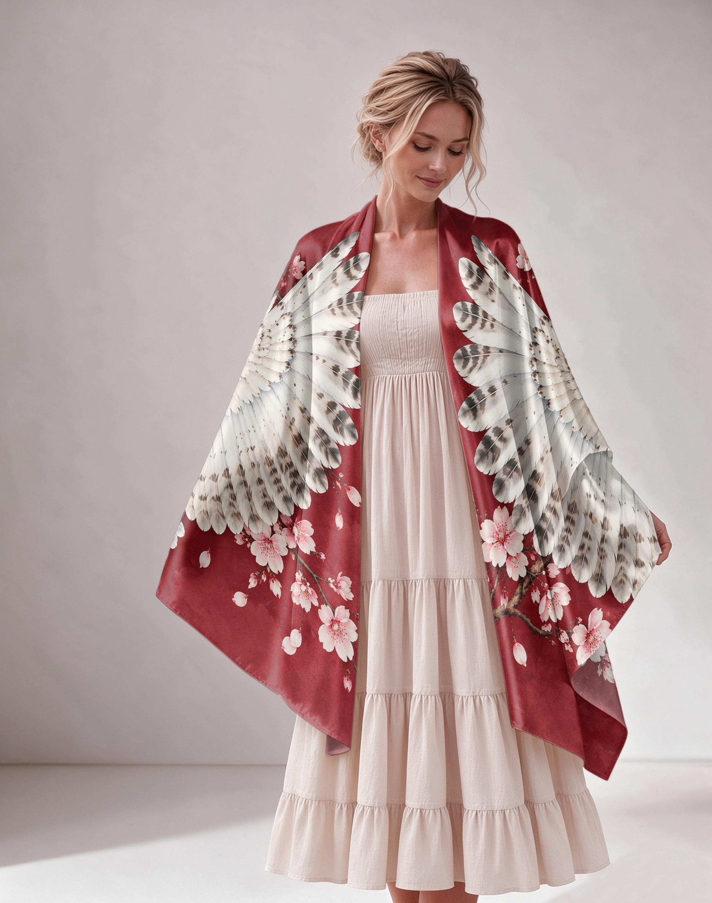 Owl Cherry Blossom Print Satin Shawl Cape