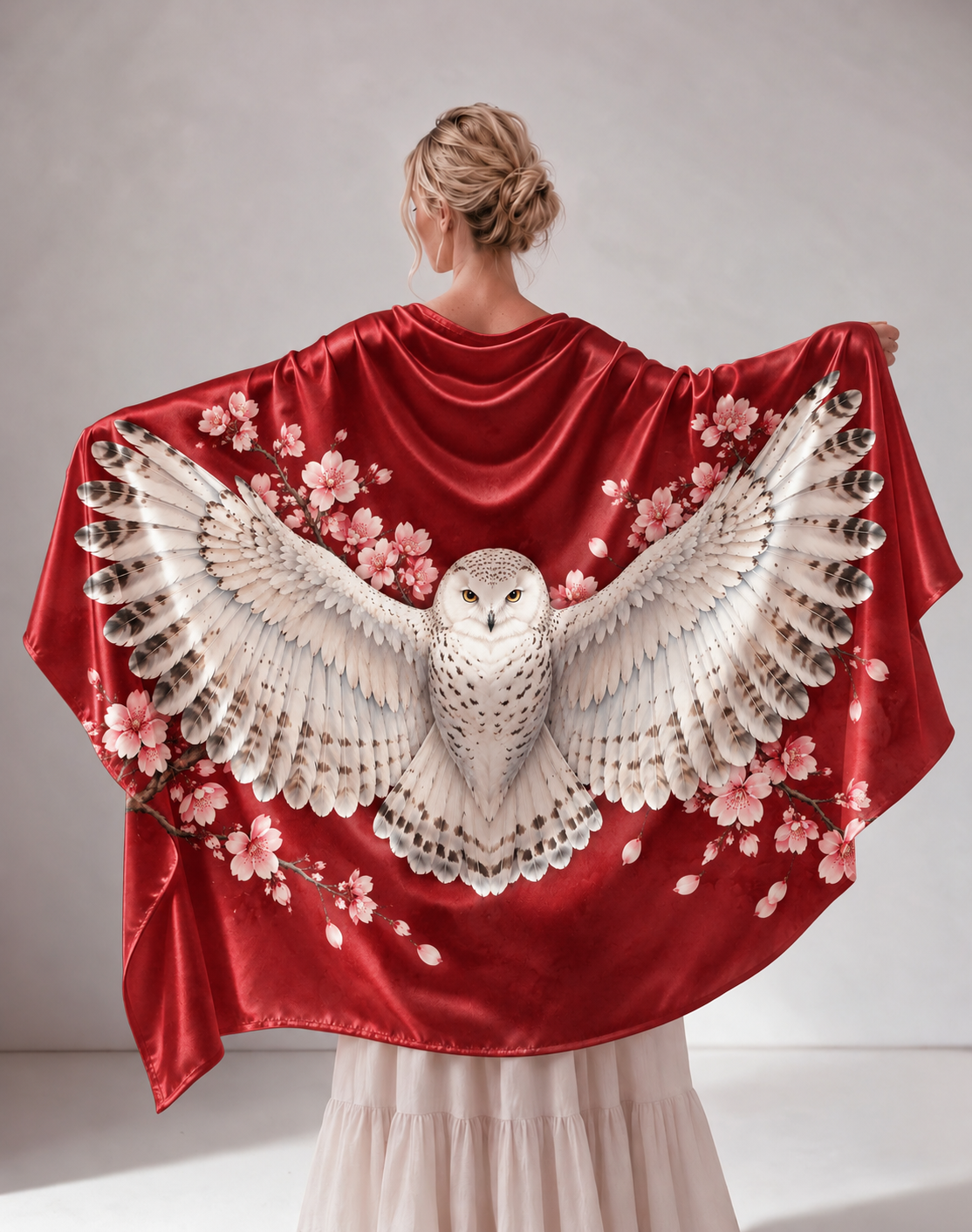 Owl Cherry Blossom Print Satin Shawl Cape