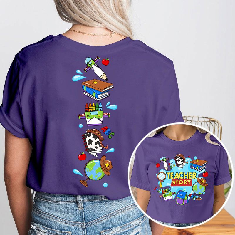 Teacher Story Cute School Stuff Icons Teacher Two Sided T-Shirt image 17