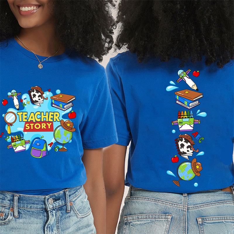 Teacher Story Cute School Stuff Icons Teacher Two Sided T-Shirt image 18