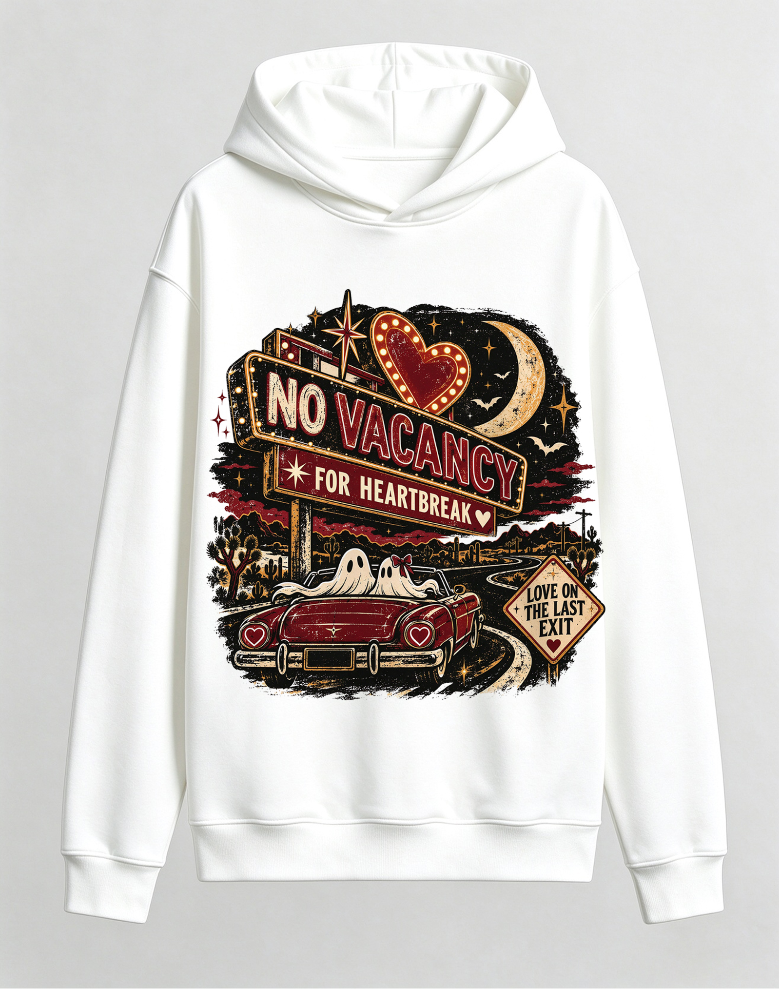 Retro Gothic No Vacancy Road Trip Hoodie, Ghost Couple Vintage Red Car Dark Romance Halloween Front Print Hooded Sweatshirt
