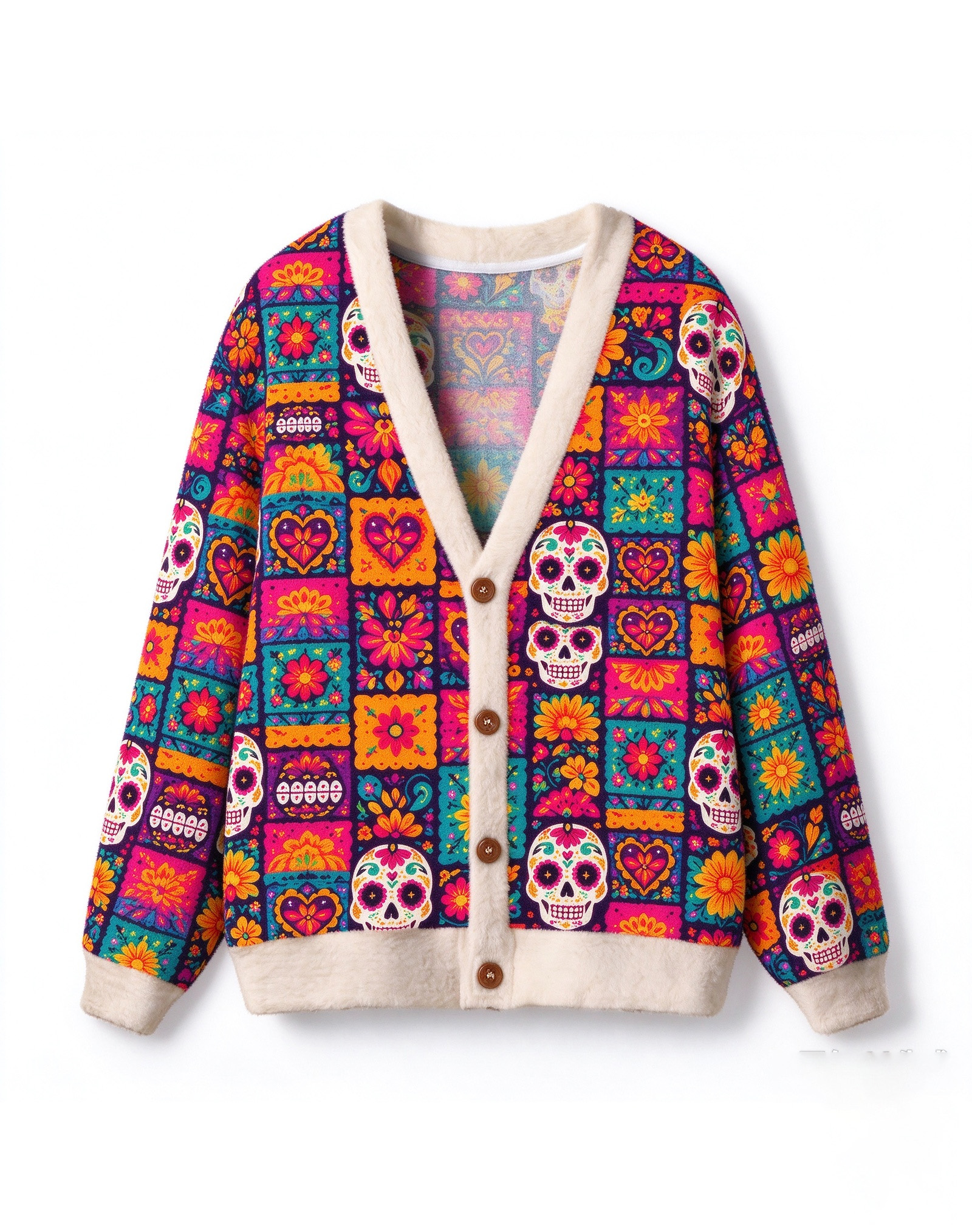 Day of the Dead Sugar Skull Fleece Cardigan for Women, Mexican Folk Art Style V-Neck Button Down Open Front Jacket, Boho Floral Calavera Print Halloween Warm Soft Sweater Outwear