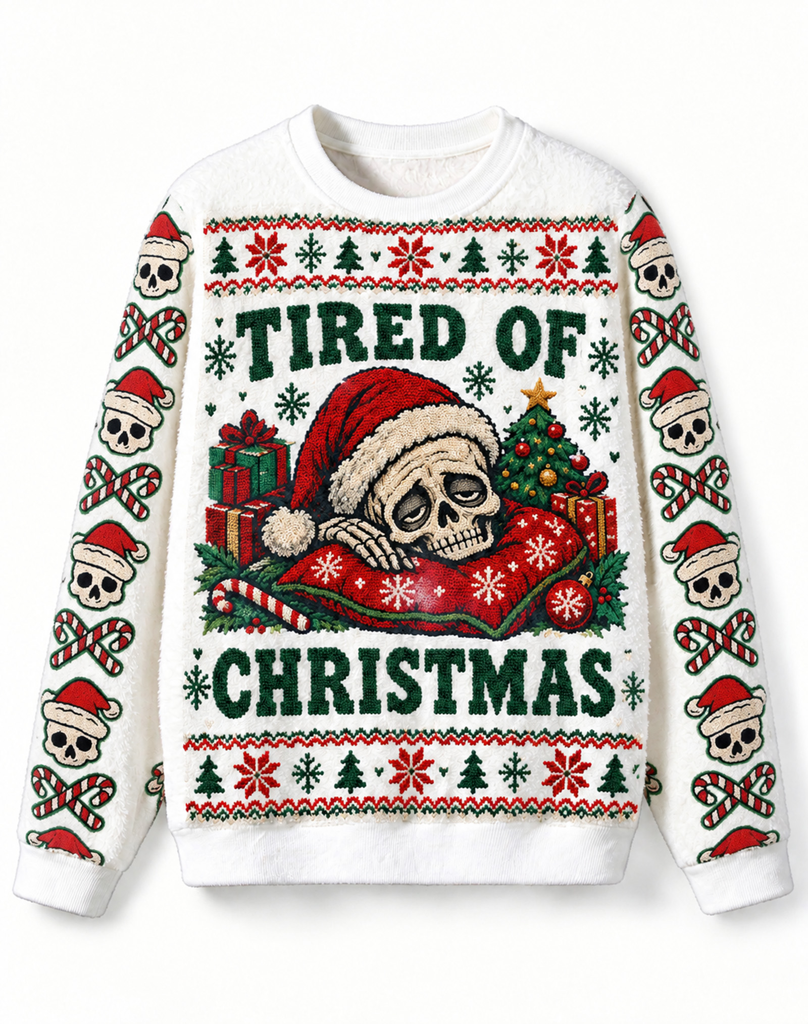 Cozy Holiday Sweater, Tired Of Christmas Skeleton Santa Graphic Crew Neck Pullover for Christmas Daily Wear