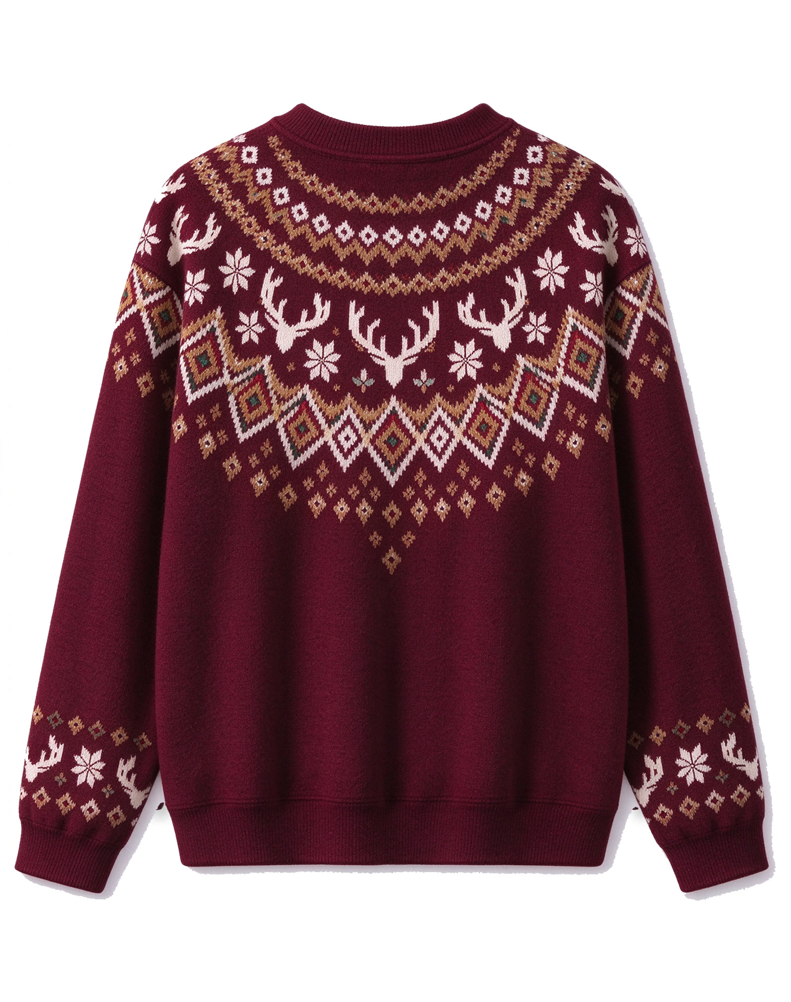 Burgundy Fair Isle Christmas Reindeer Crew Neck Knit Sweater, Vintage Nordic Winter Holiday Sweater