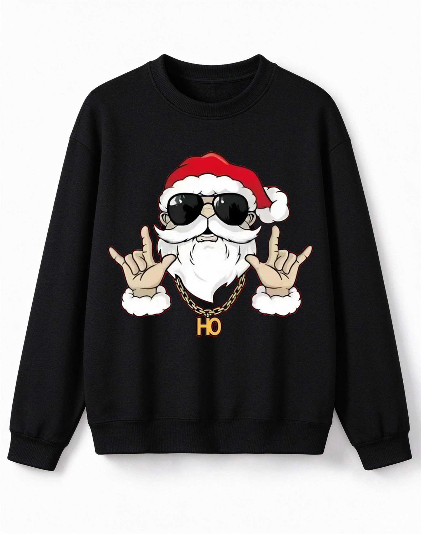 Festive Christmas Knit Pullover, Trendy Sunglasses Santa Print Crew Neck Long Sleeve Sweater