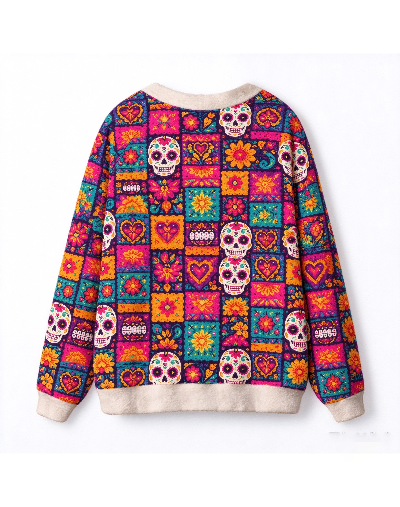 Day of the Dead Sugar Skull Fleece Cardigan for Women, Mexican Folk Art Style V-Neck Button Down Open Front Jacket, Boho Floral Calavera Print Halloween Warm Soft Sweater Outwear